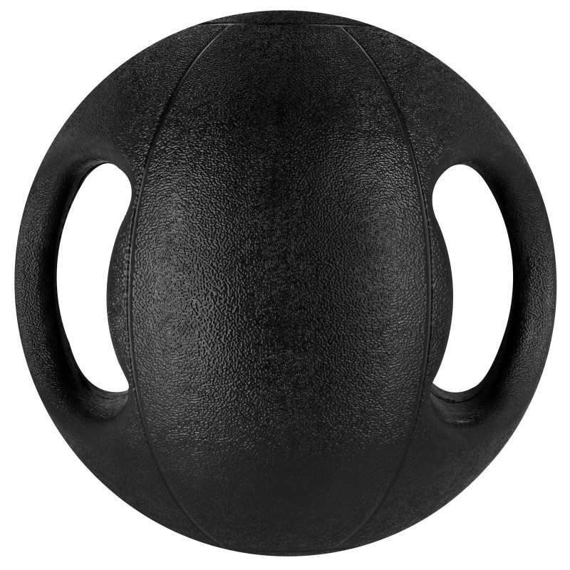 Czarna piłka lekarska z dwoma uchwytami na białym tle. Piłka ma teksturowaną powierzchnię.
