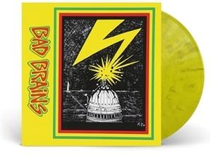 Bad Brains Schallplattencover: Gelbes Cover, zeigt einen Blitz über einem Gebäude und den Namen der Band an der Seite.