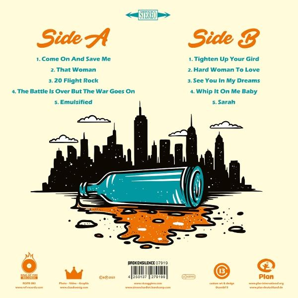 Albumcover: Flasche verschüttet sich auf Stadtsilhouette. Titel sind auf Seite A und B gelistet. Orange und Türkis.
