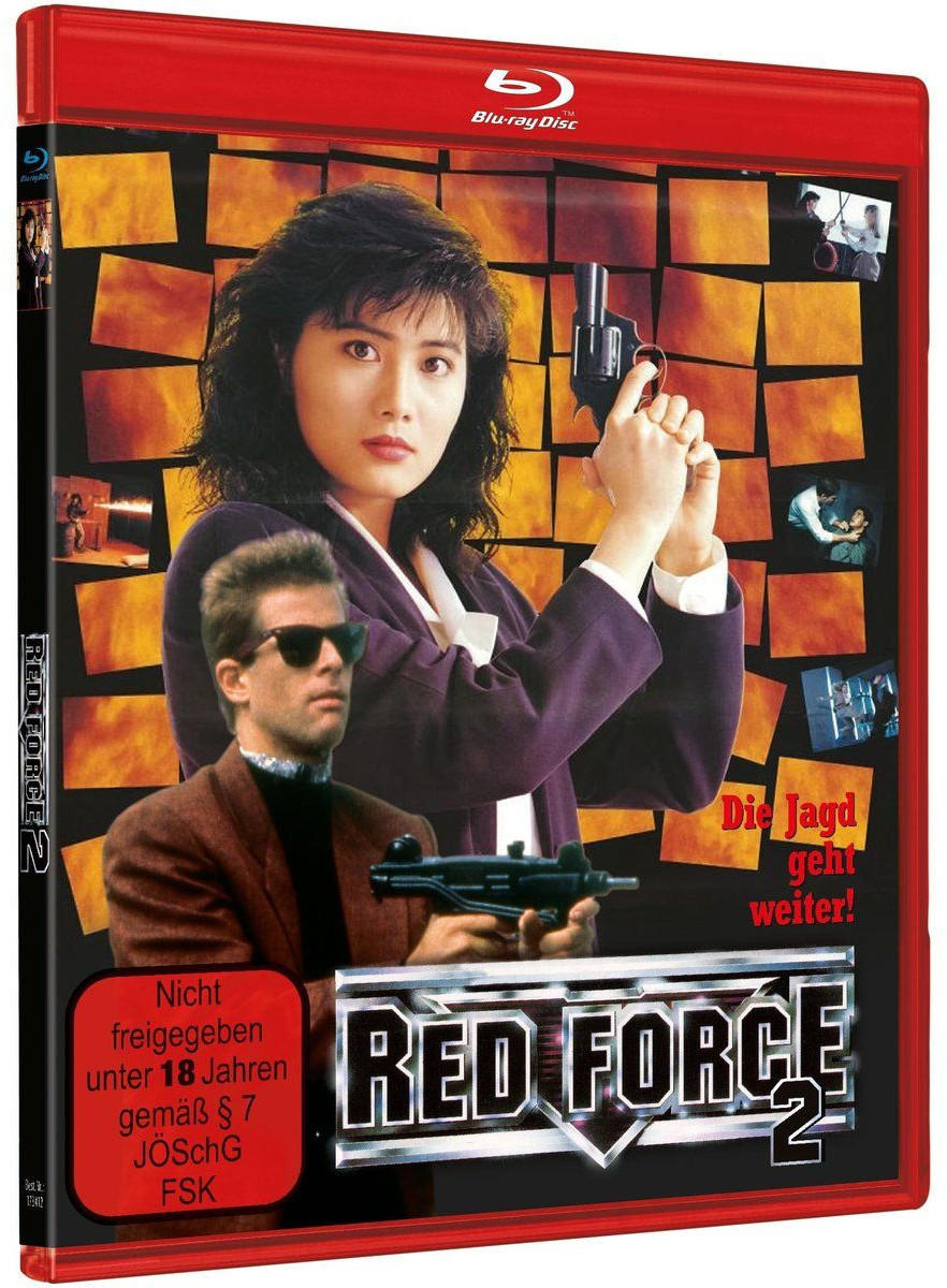 DVD-Cover. Frau mit Pistole, Mann mit Sonnenbrille mit Waffe. Text sagt Red Force 2 und Die Jagd geht weiter!