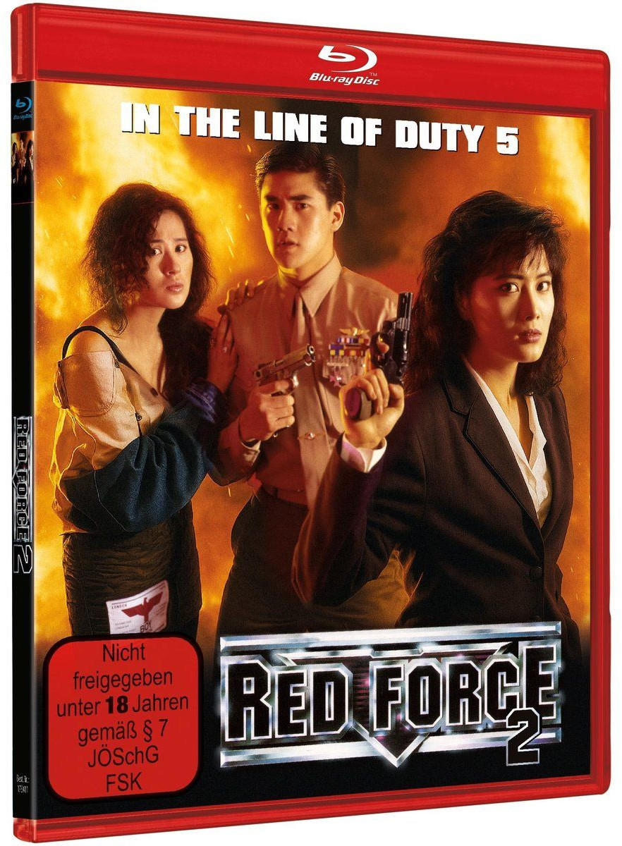 Blu-ray-Cover: Drei Personen mit Waffen, der Titel 'In The Line Of Duty 5' und 'Red Force 2'. Rotes und schwarzes Farbschema.