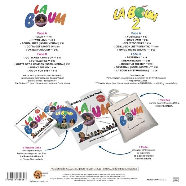 Albumcover mit Discs, Tragetasche und Poster. Enthält 'La Boum' und 'La Boum 2' Filme, mit Titellisten und Musik-Credits.