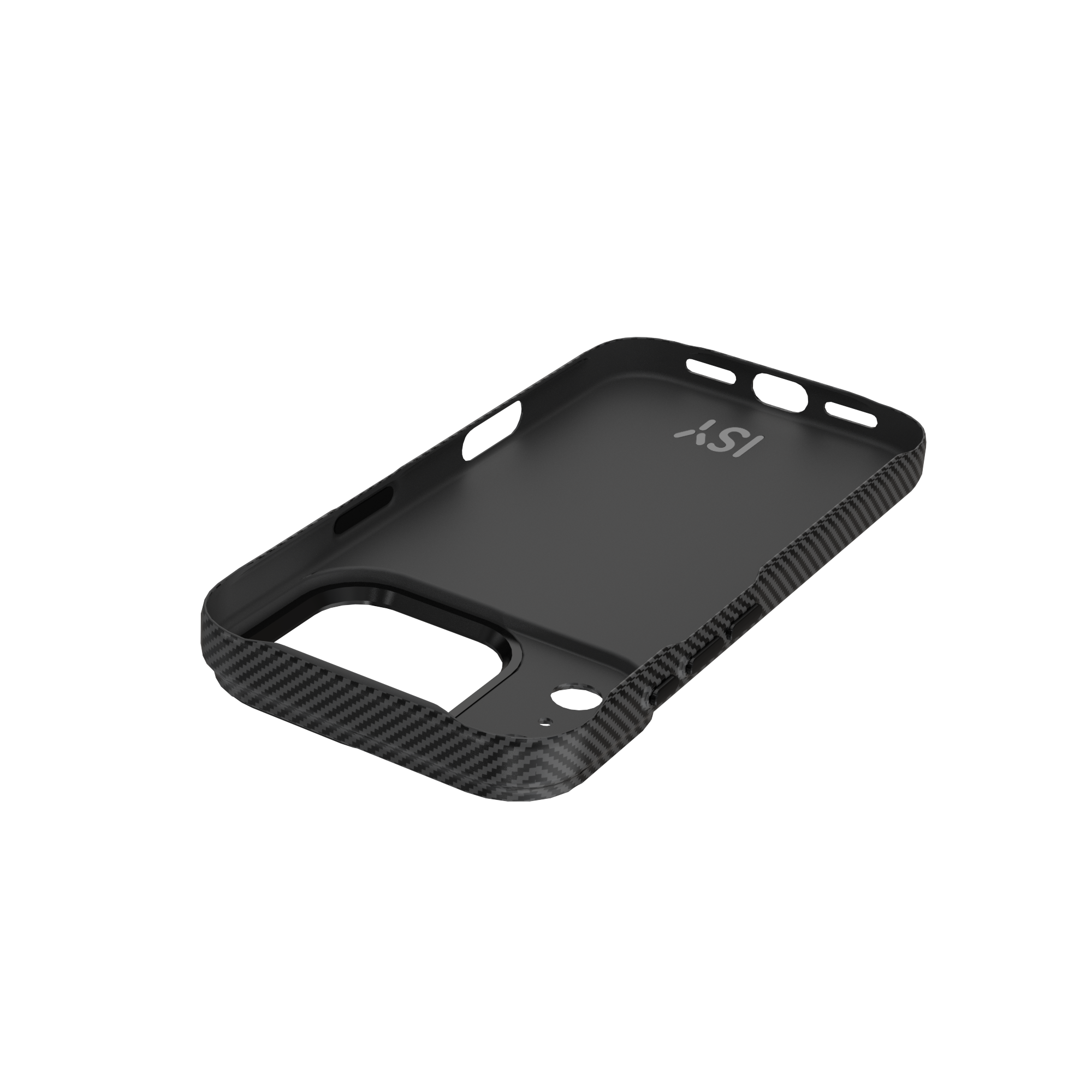 Coque de téléphone noire avec texture fibre de carbone. Elle a des découpes pour boutons et caméra. Le fond est blanc.