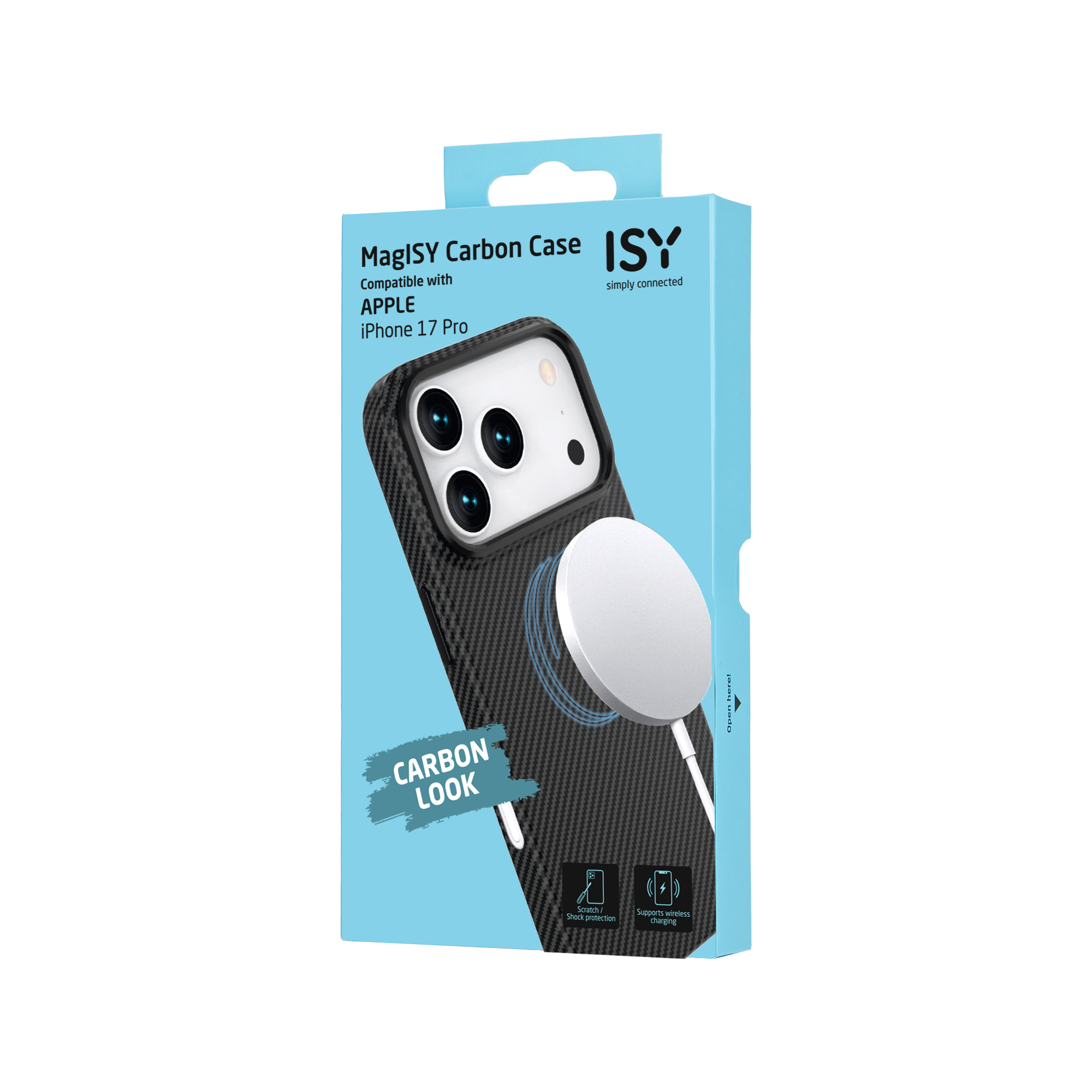Une boîte de coque de téléphone. La boîte est bleue et contient une coque de téléphone en fibre de carbone. L'étui est noir et gris.