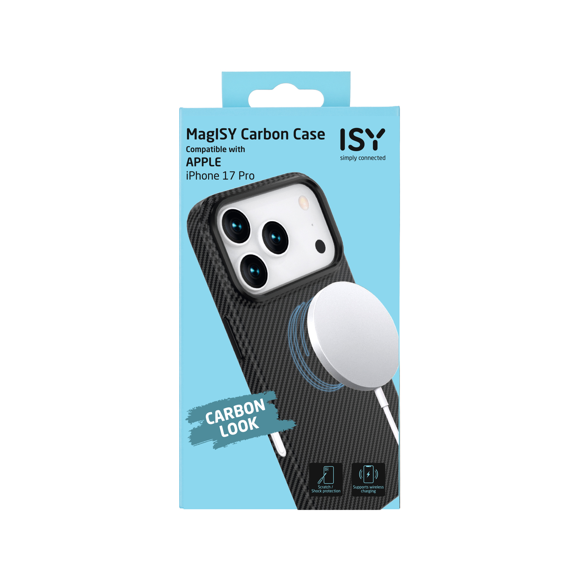 L'image présente une coque iPhone en fibre de carbone, un chargeur sans fil et des informations sur le produit.