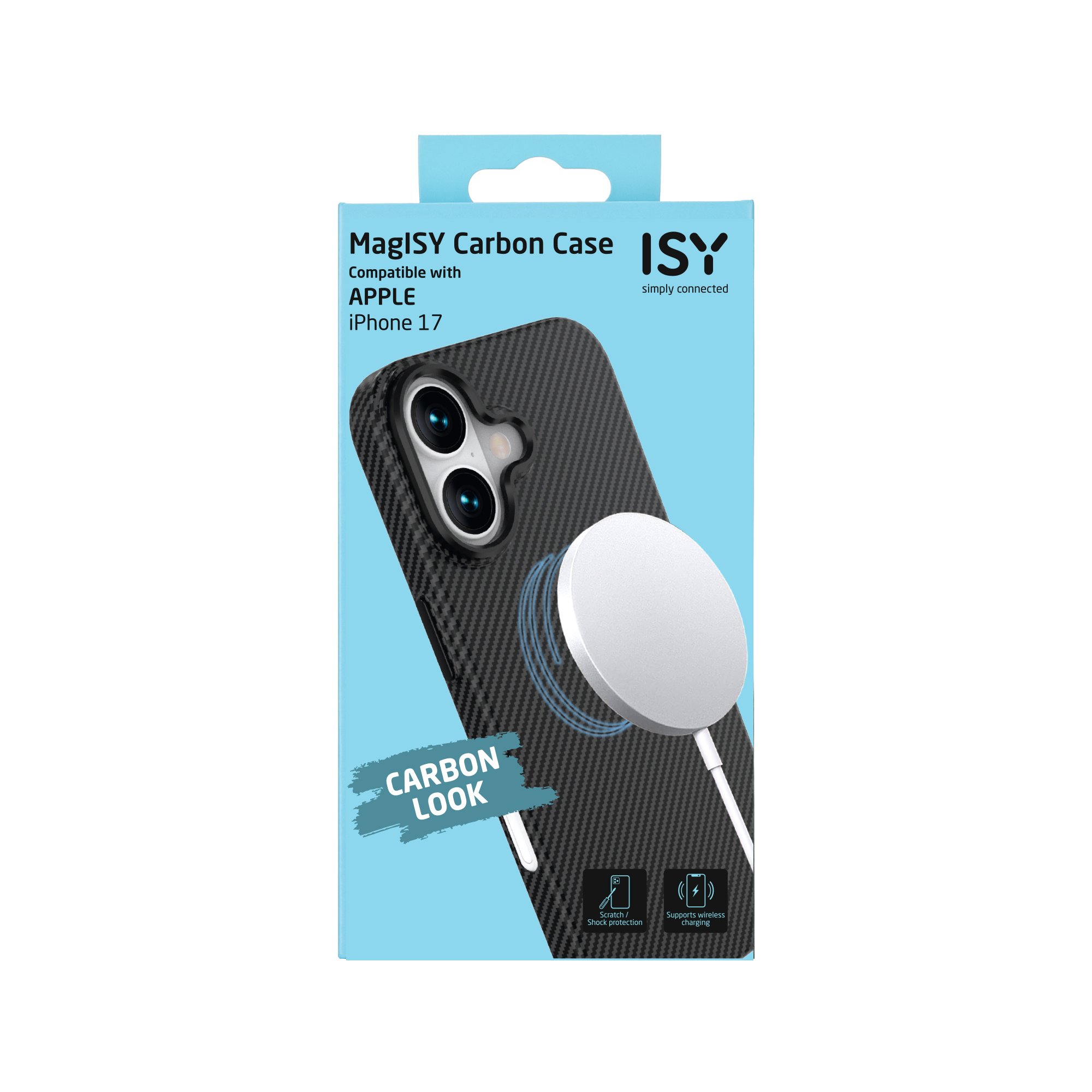 Une coque de téléphone et un chargeur magnétique sont présentés. La coque est en fibre de carbone noire et le chargeur est blanc.