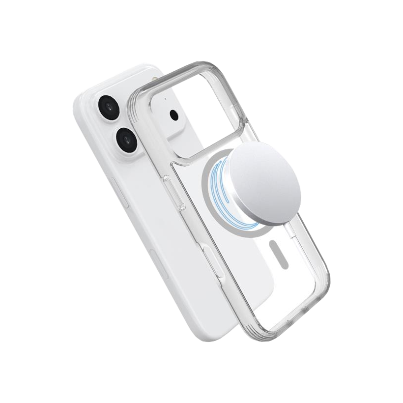 Deux smartphones blancs avec des coques transparentes. L'un a un accessoire MagSafe circulaire blanc.