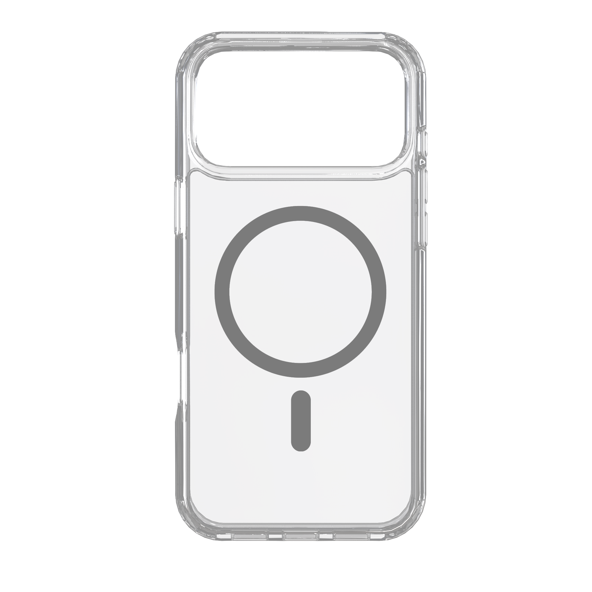 Coque de téléphone transparente avec cercle et ligne MagSafe gris, sur fond blanc.