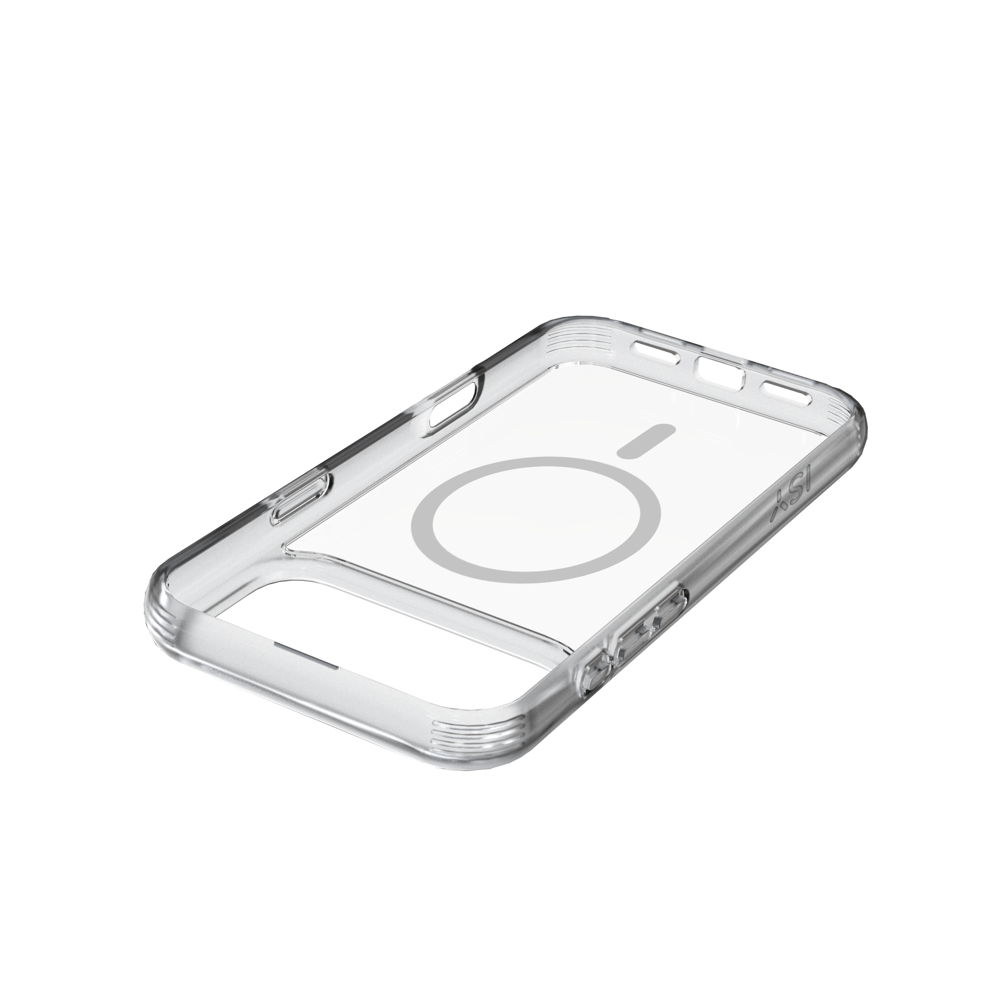 Coque de téléphone transparente. Dos transparent avec design MagSafe circulaire et cadre argenté.