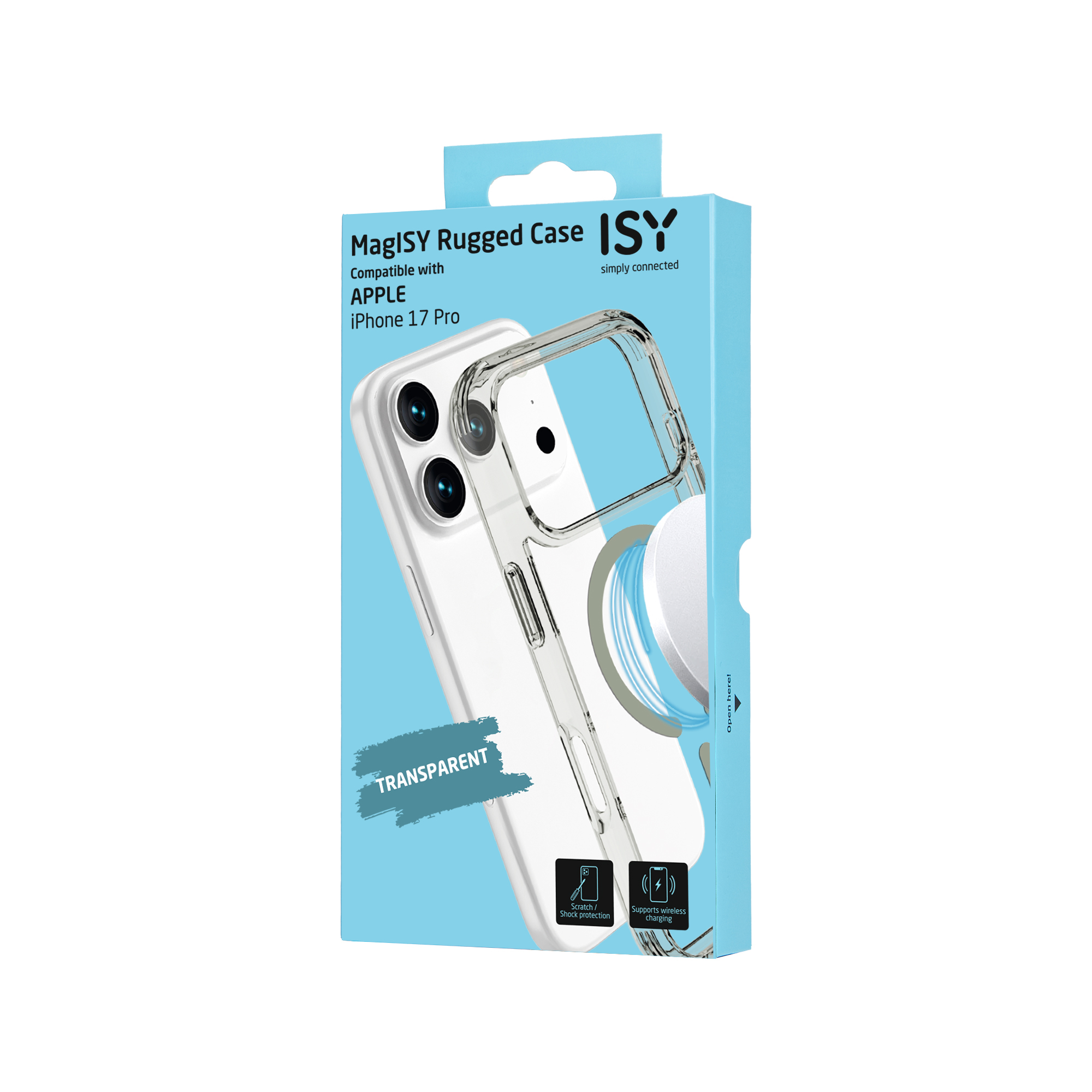 Coque MagISY Rugged transparente pour iPhone 17 Pro en boîte. Protection contre les rayures/chocs et recharge sans fil.