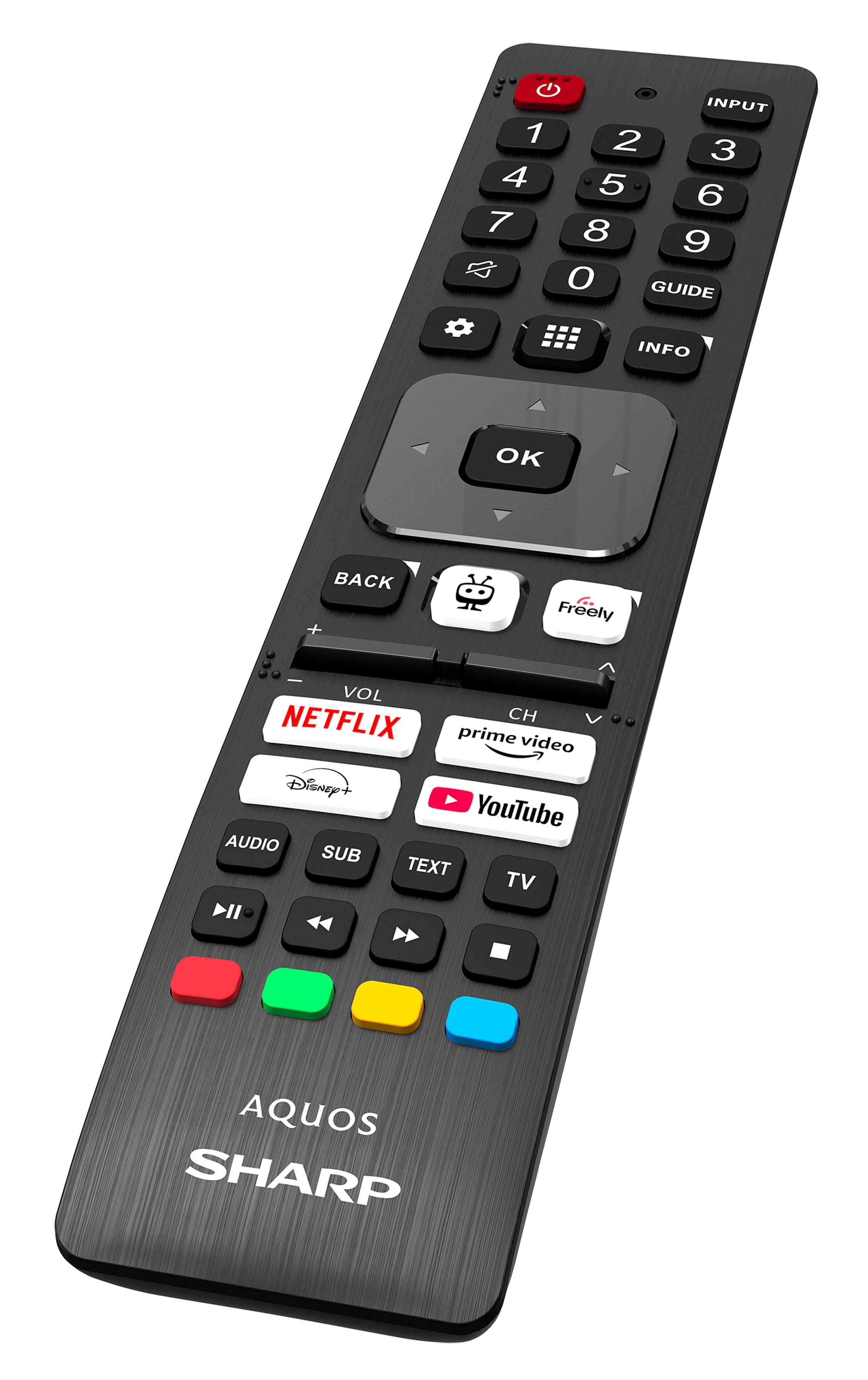 Czarny pilot do telewizora Sharp z wieloma przyciskami, w tym głośnością, kanałem i usługami strumieniowania.