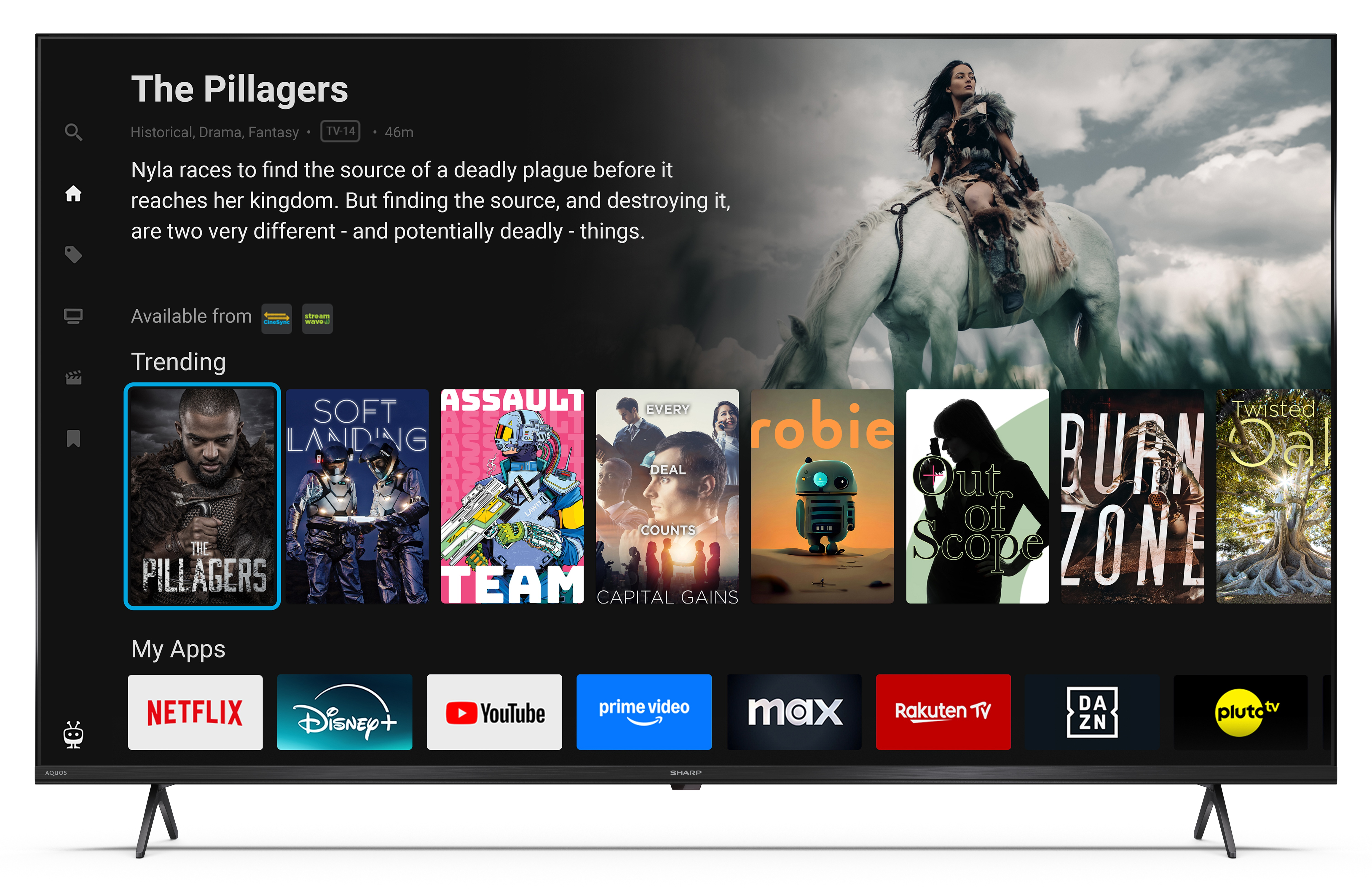 Ekran telewizora z wyborem filmów. Kobieta jedzie na białym koniu. Aplikacje: Netflix, Disney+, YouTube.