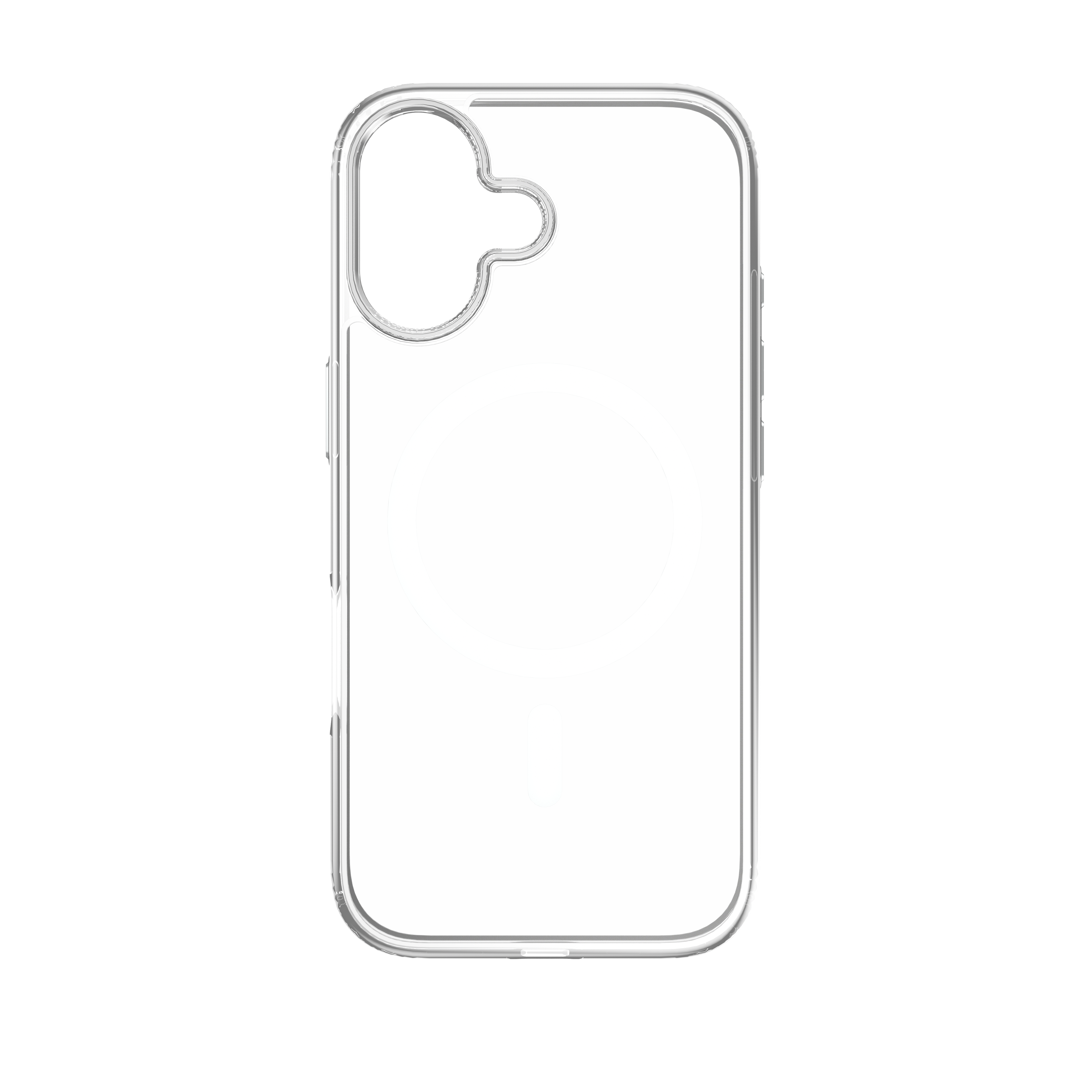 Une coque de téléphone claire et transparente. Elle a des découpes pour l'appareil photo et les boutons. Le fond est blanc.