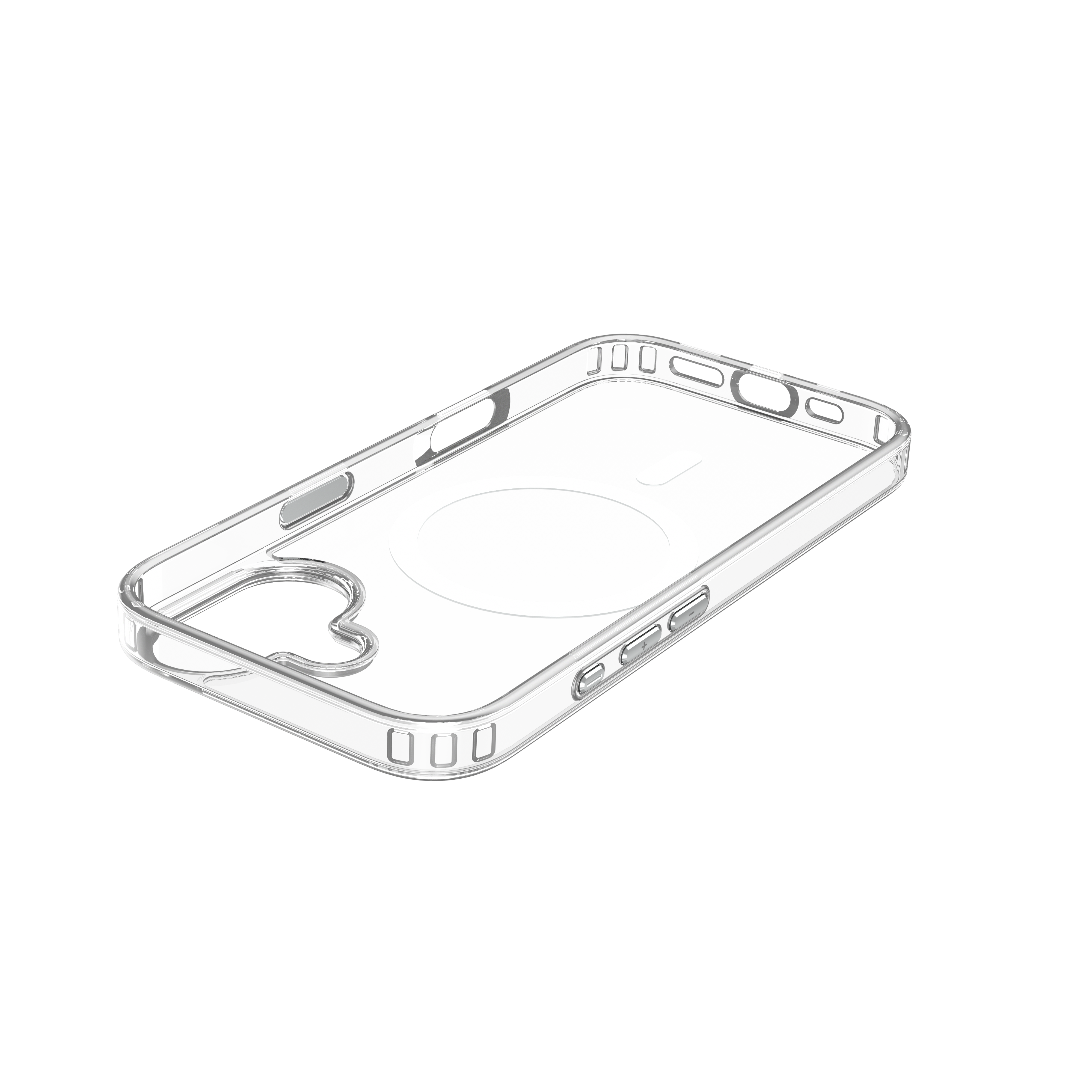 Coque de téléphone transparente sur fond blanc, avec découpes pour boutons et ports. En plastique transparent.