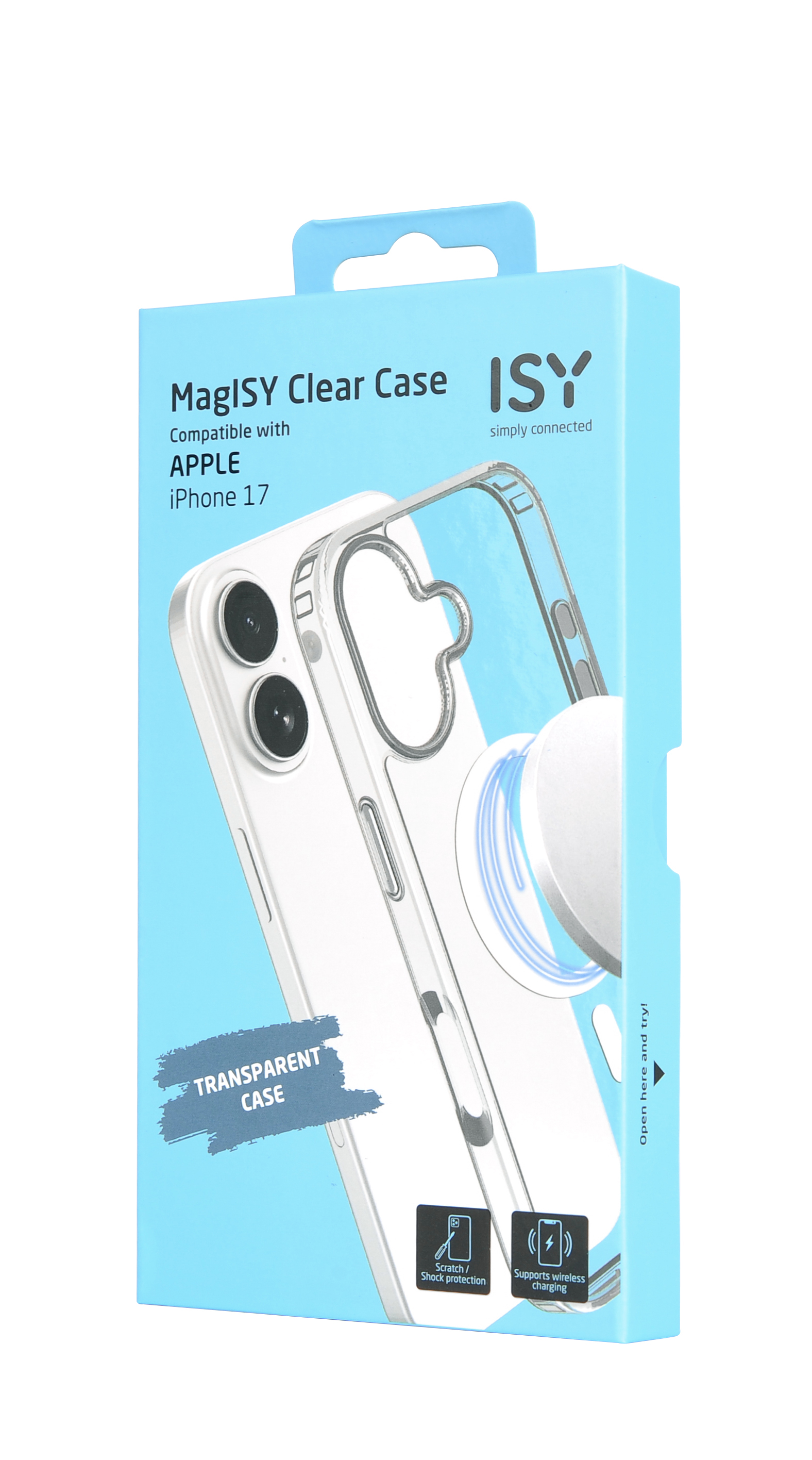 Une boîte de coque de téléphone avec une coque transparente à l'intérieur. Le texte sur la boîte comprend 'MagISY Clear Case' et 'iPhone 17'.