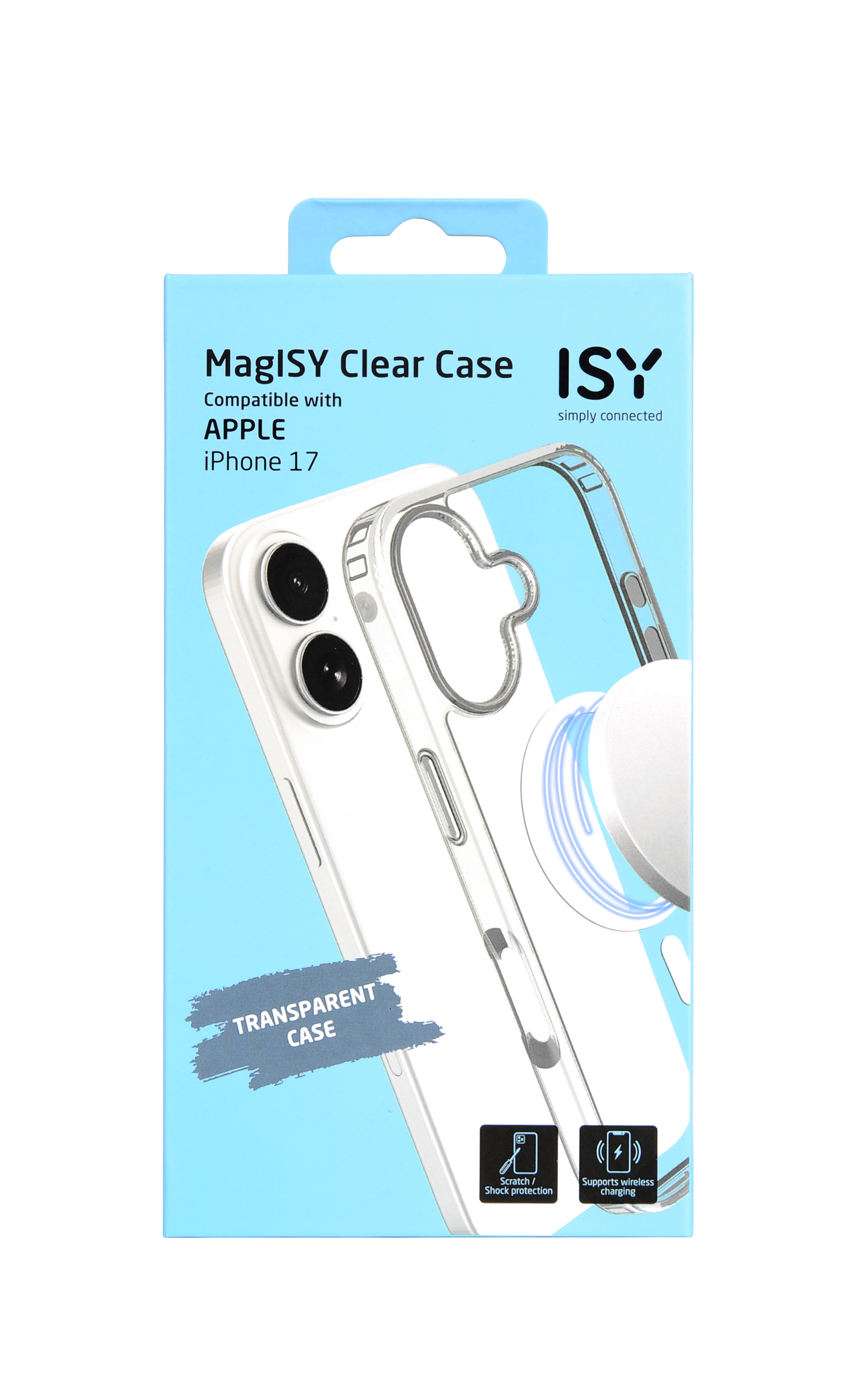 Une boîte de coque de téléphone avec une coque transparente, texte : MagISY Clear Case, compatible avec Apple iPhone 17. Icônes de rayures et de charge sans fil.