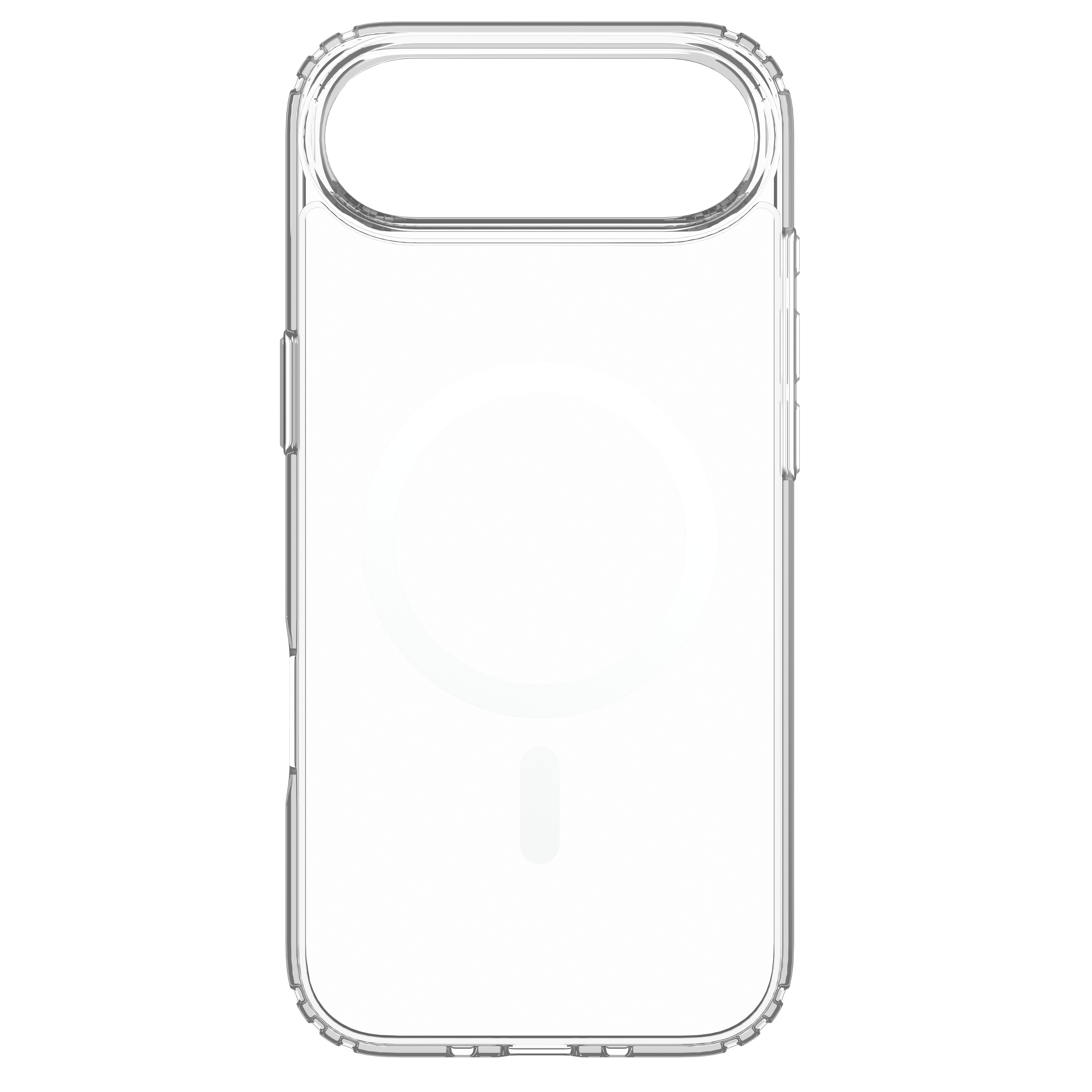 Une coque de téléphone transparente. Elle comporte une découpe pour l'appareil photo, et un contour de cercle magnétique est visible.