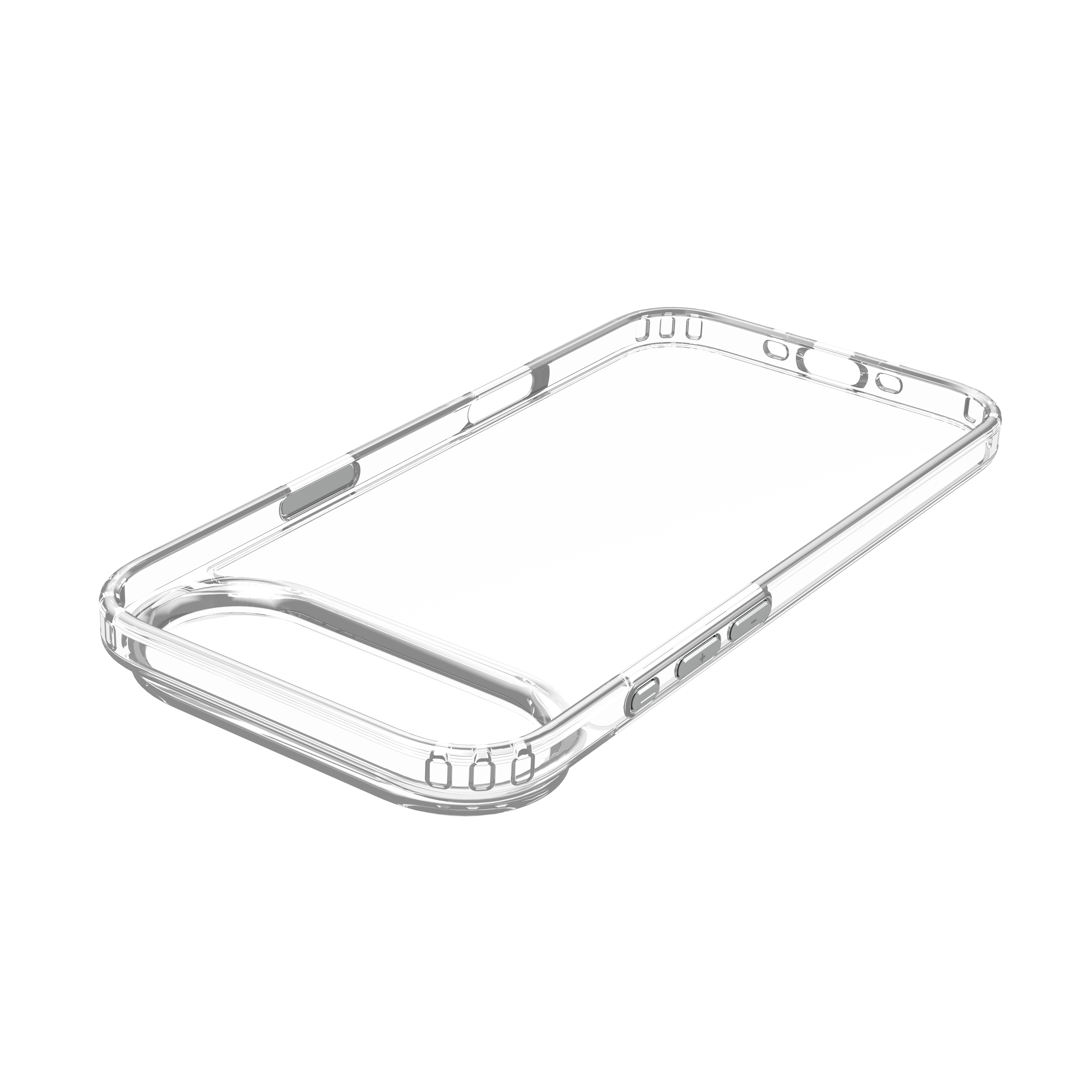 Un étui de téléphone transparent est présenté sur fond blanc. Il est en plastique transparent et comporte des recouvrements de boutons.