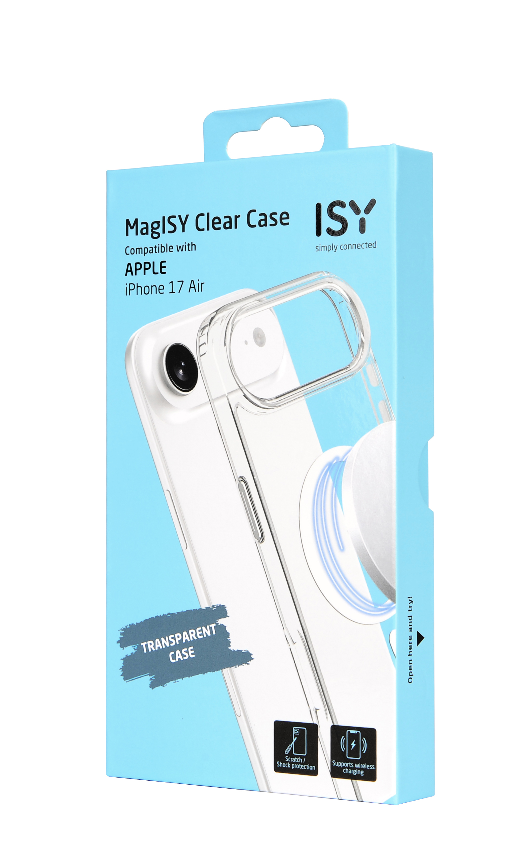 Une boîte de coque de téléphone transparente avec l'étiquette 'MagISY Clear Case' et un iPhone 17 Air visible à l'intérieur.