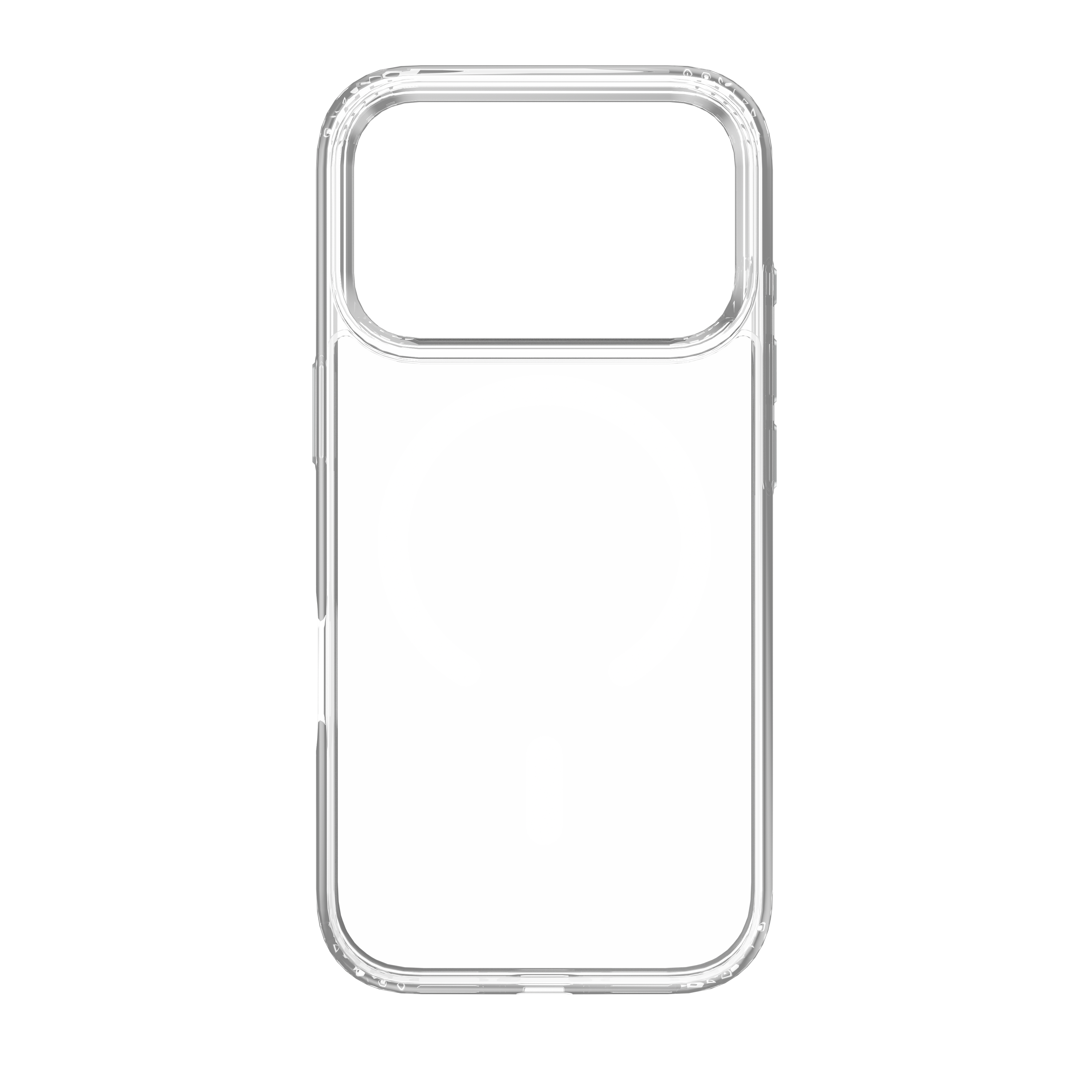 Une coque de téléphone transparente est présentée sur fond blanc. La coque a une forme rectangulaire avec des coins arrondis.
