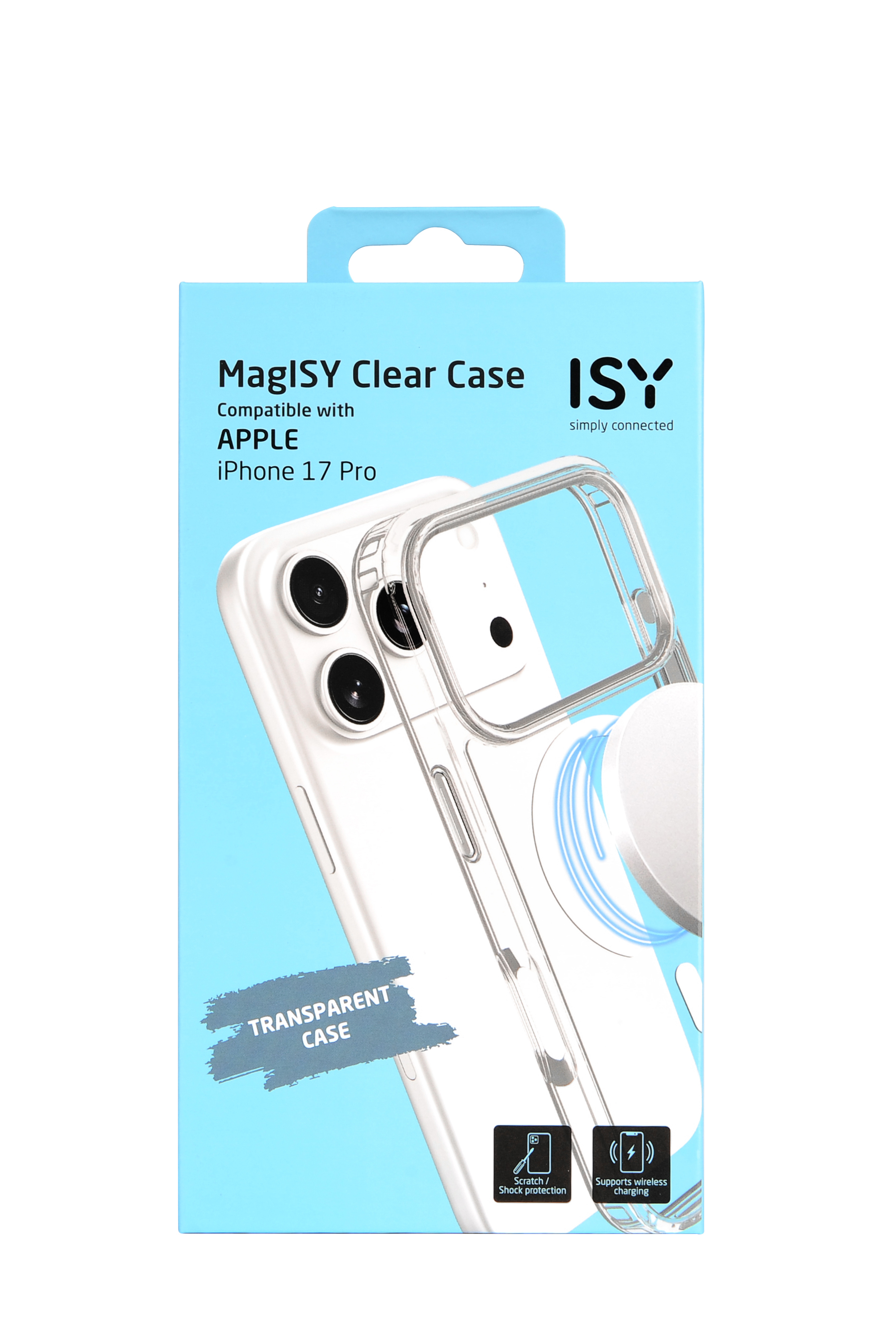 Une boîte transparente pour coque de téléphone avec l'étiquette 'MagISY Clear Case' pour iPhone 17 Pro. Caractéristiques : protection contre les rayures/chocs et chargement sans fil.