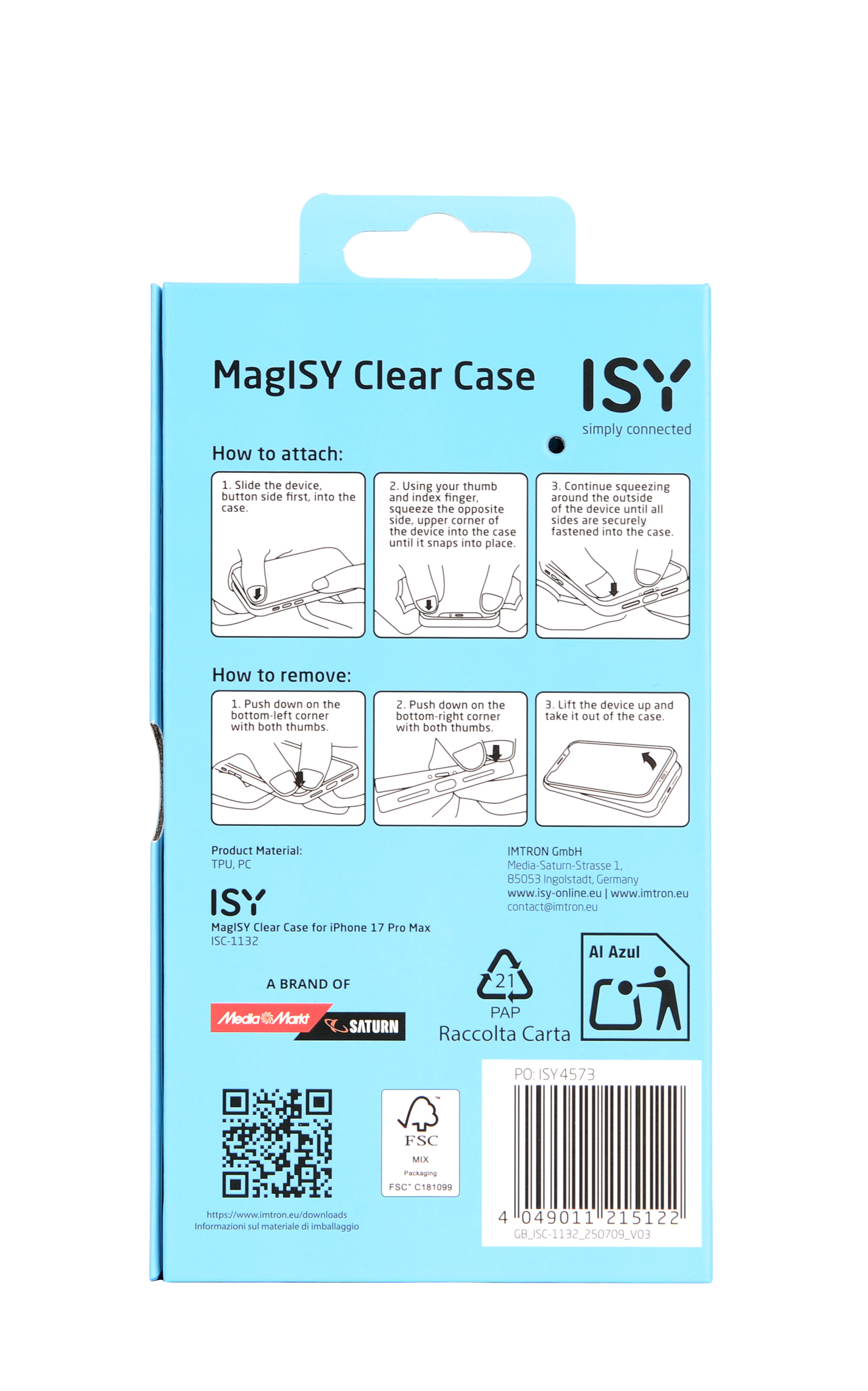 Emballage bleu avec instructions pour fixer et retirer une coque de téléphone. Logos de marques et détails du produit présents.
