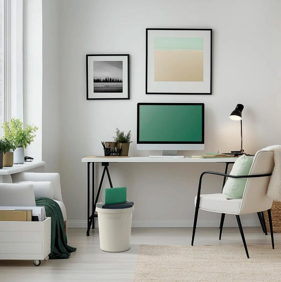 Nowoczesne domowe biuro z biurkiem, krzesłem, komputerem i grafiką na ścianie. Kosz na śmieci jest na pierwszym planie.