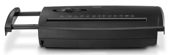 Czarna niszczarka do papieru Hama na białej powierzchni. Ma wysuwaną tacę i przyciski sterowania na górze.