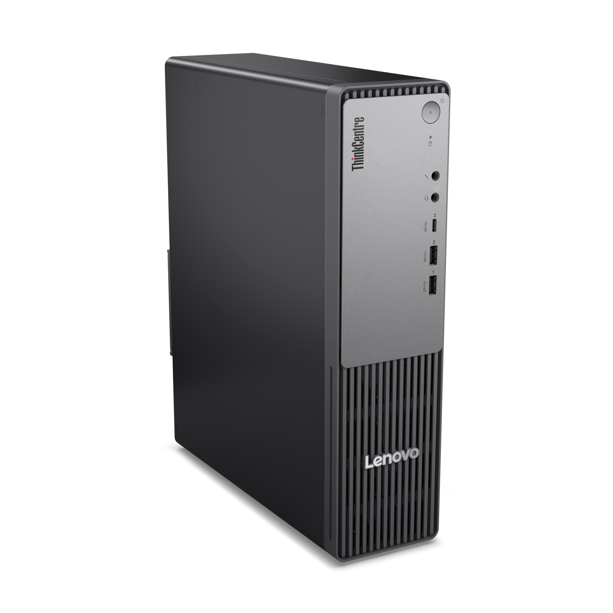 Ein schwarzer und grauer Lenovo ThinkCentre-Computerturm. Die Frontplatte hat das Lenovo-Logo und vertikale Linien.