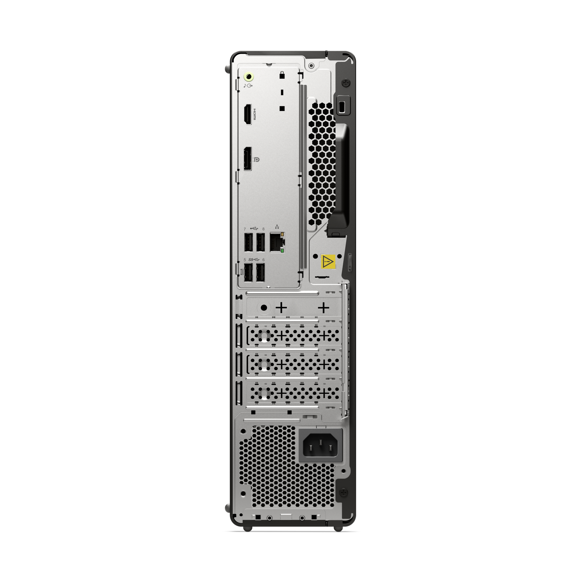 Die Rückseite eines Computerturms ist abgebildet. Sie hat verschiedene Anschlüsse, Lüftungsöffnungen und einen Stromanschluss.