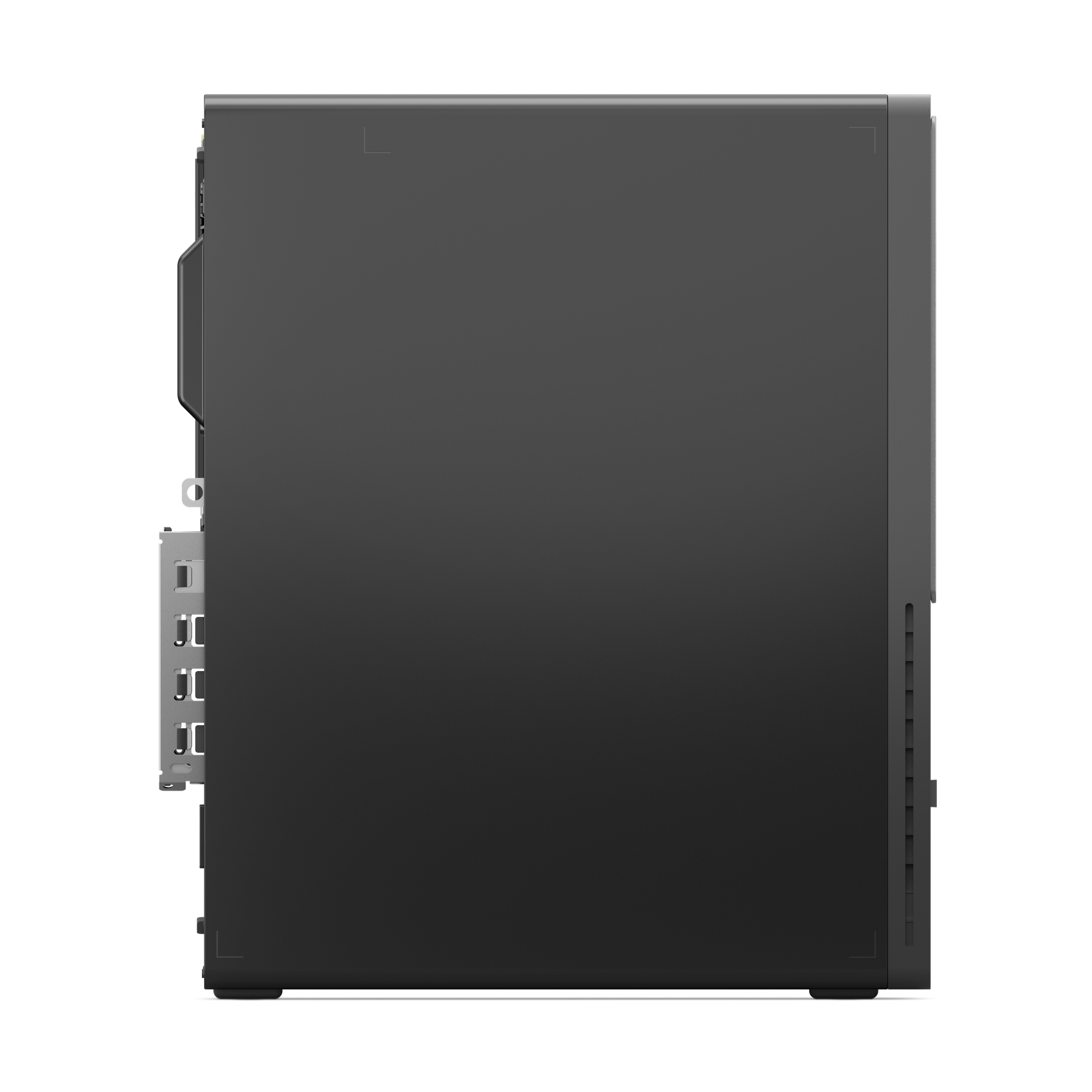 Seitenansicht eines schwarzen Desktop-Computers. Zeigt die Seitenwand und einen Abschnitt mit Anschlüssen. Der Hintergrund ist schwarz.