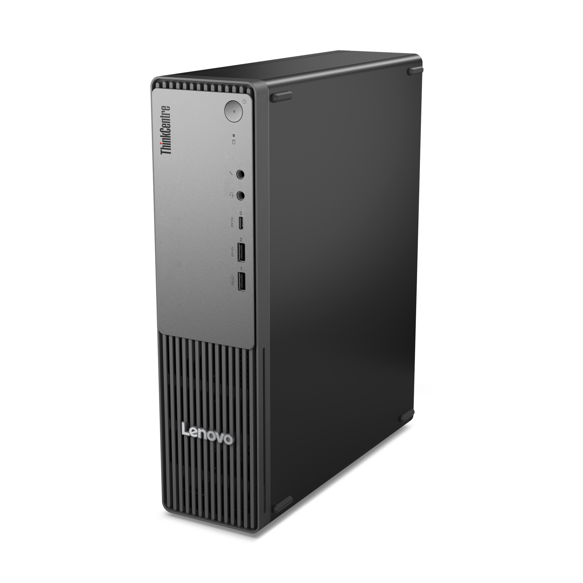 Ein schwarzer Lenovo ThinkCentre-Computerturm. Die Vorderseite hat eine silberne Platte mit Anschlüssen und dem Lenovo-Logo.