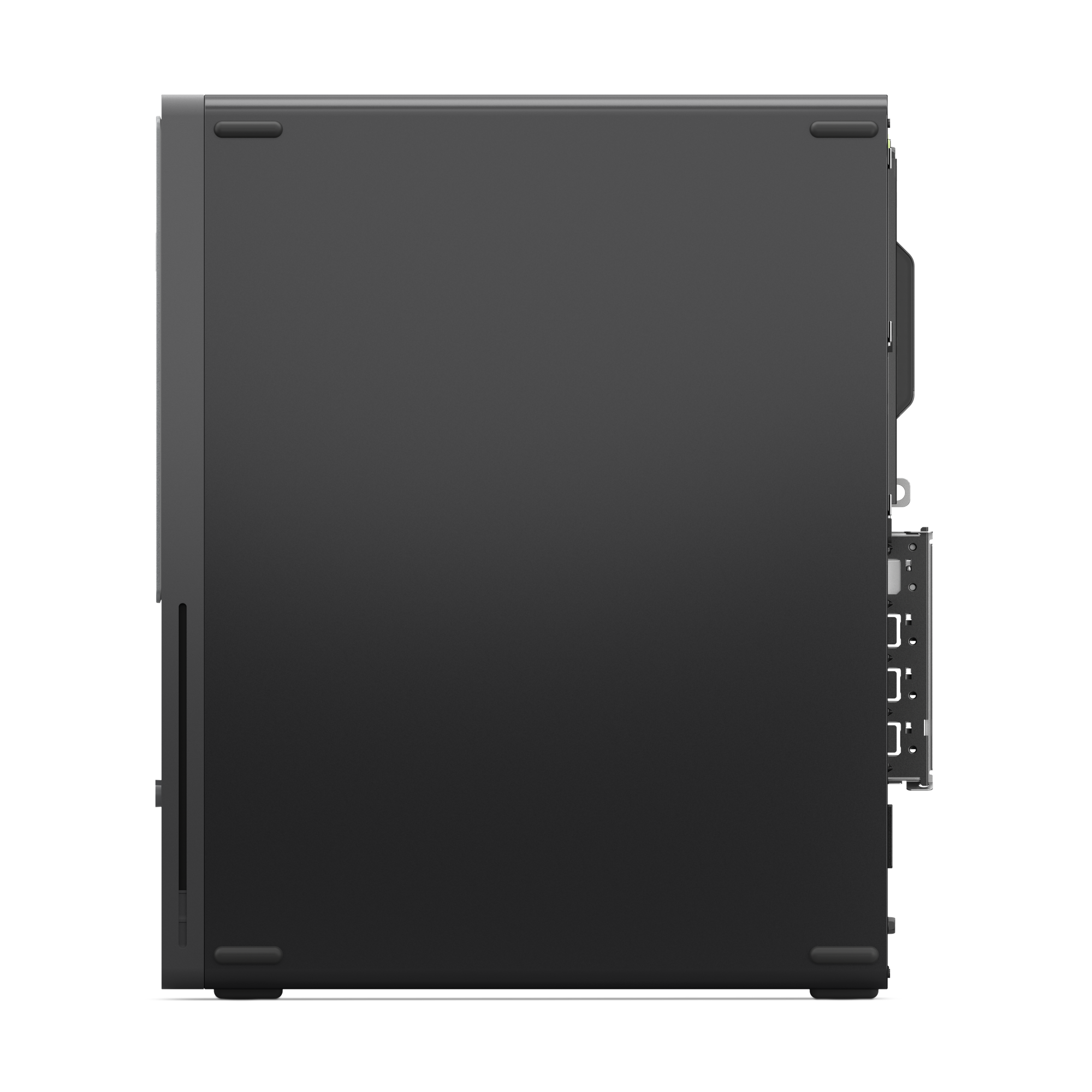 Schwarzes Desktop-Computergehäuse. Die Seitenansicht zeigt eine dunkelgraue Oberfläche, Anschlüsse und kleine Füße.