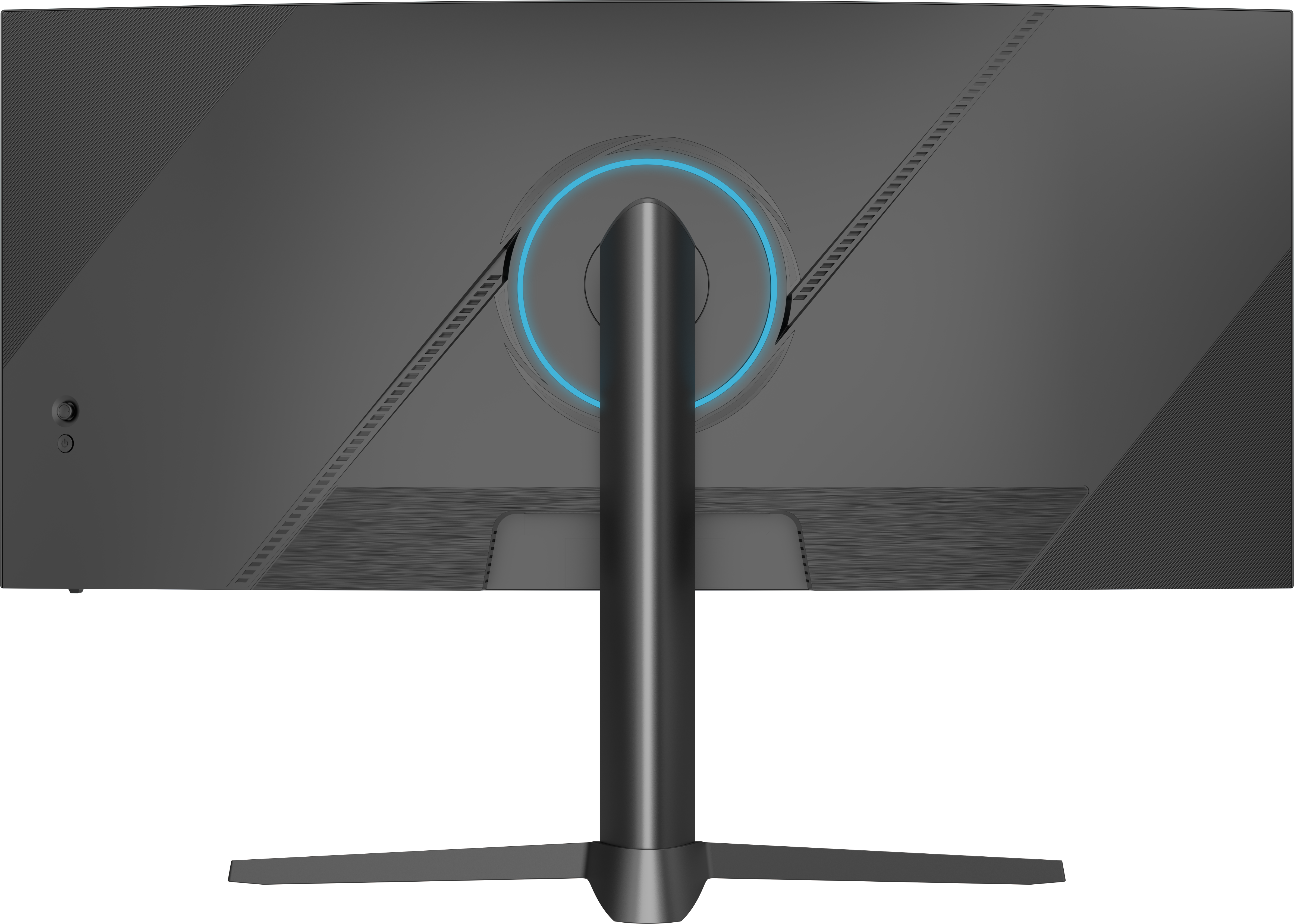 L'arrière d'un moniteur d'ordinateur noir avec support est présenté sur fond noir.