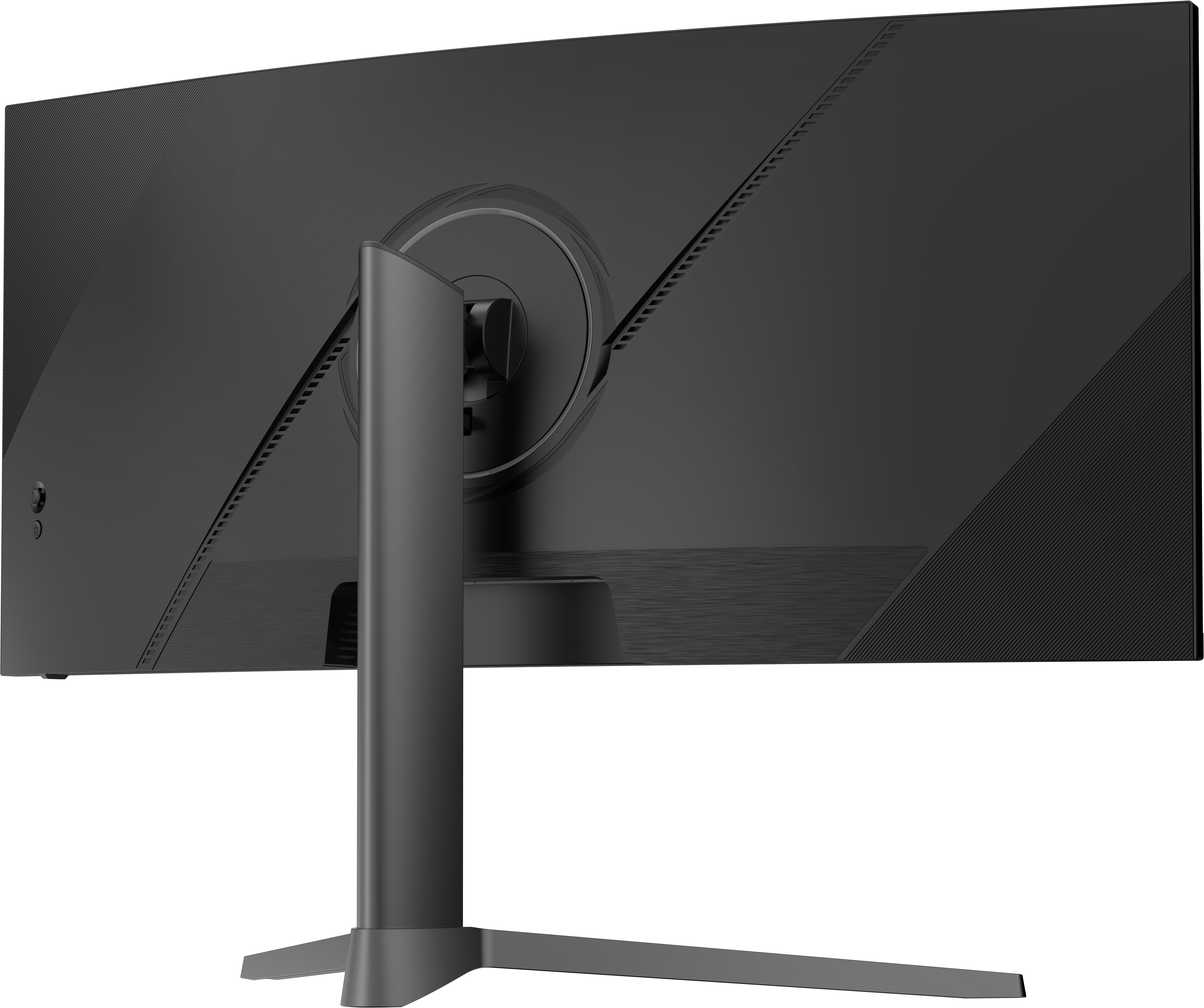 L'arrière d'un moniteur d'ordinateur noir, montrant le support et les détails de ventilation.