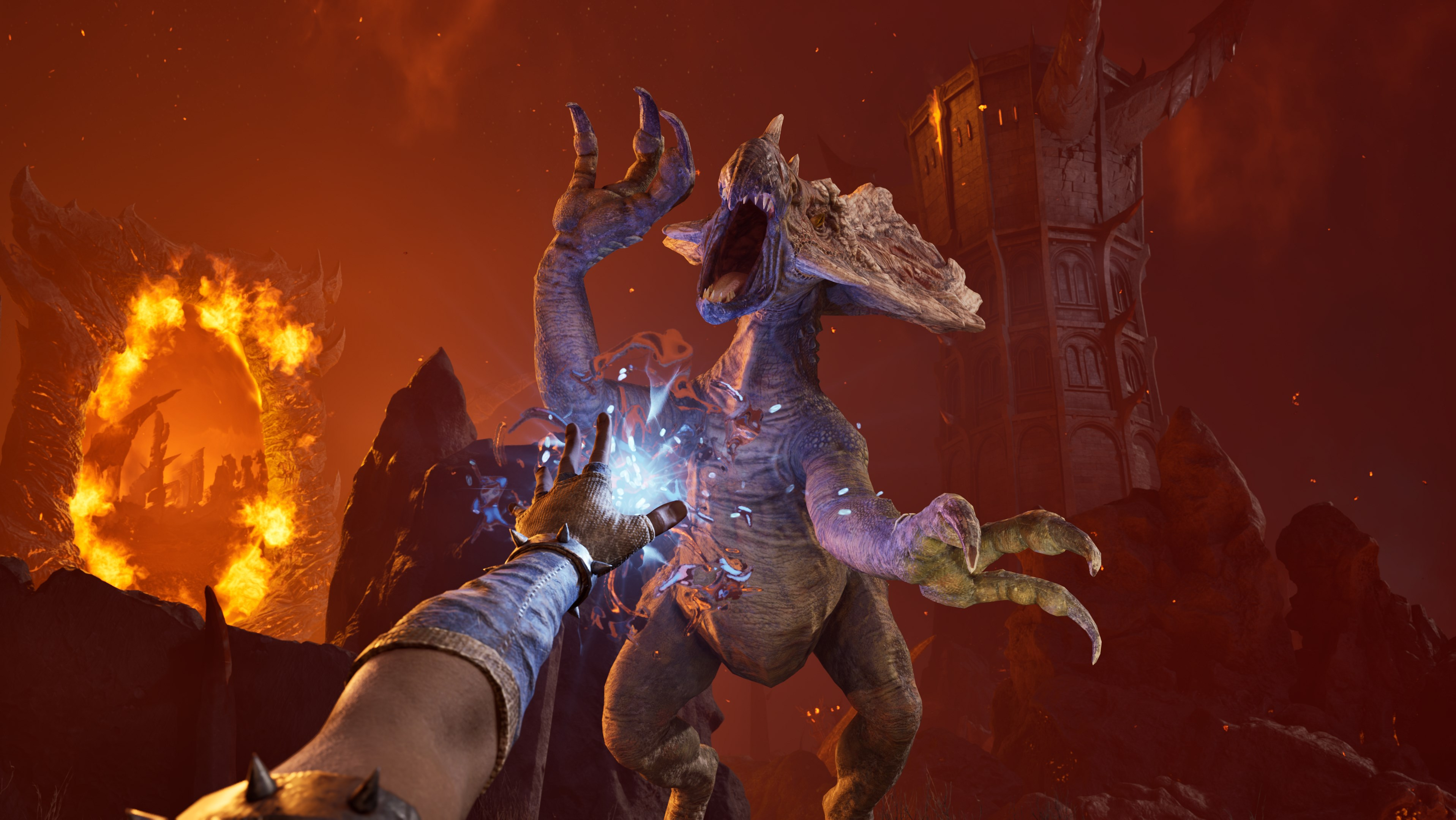 Eine Hand wirkt einen Zauber auf ein Monster. Das Monster ist blau und braun. Der Hintergrund zeigt ein feuriges Portal und einen Turm.
