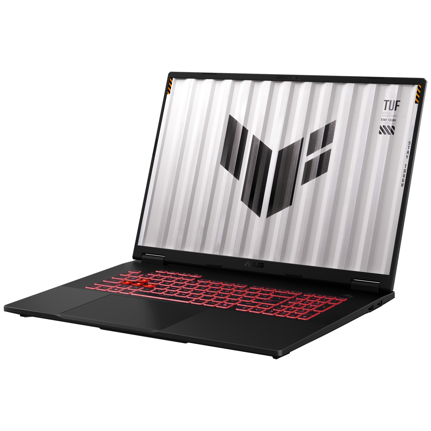 Zwarte laptop met rood verlicht toetsenbord. Het scherm toont het TUF-logo. Op een witte achtergrond.