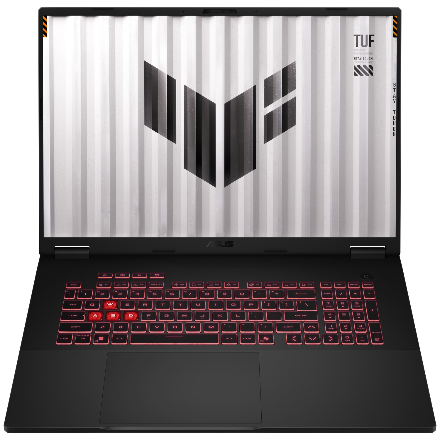 Zwarte laptop met rood verlicht toetsenbord. Scherm toont logo op witte achtergrond.