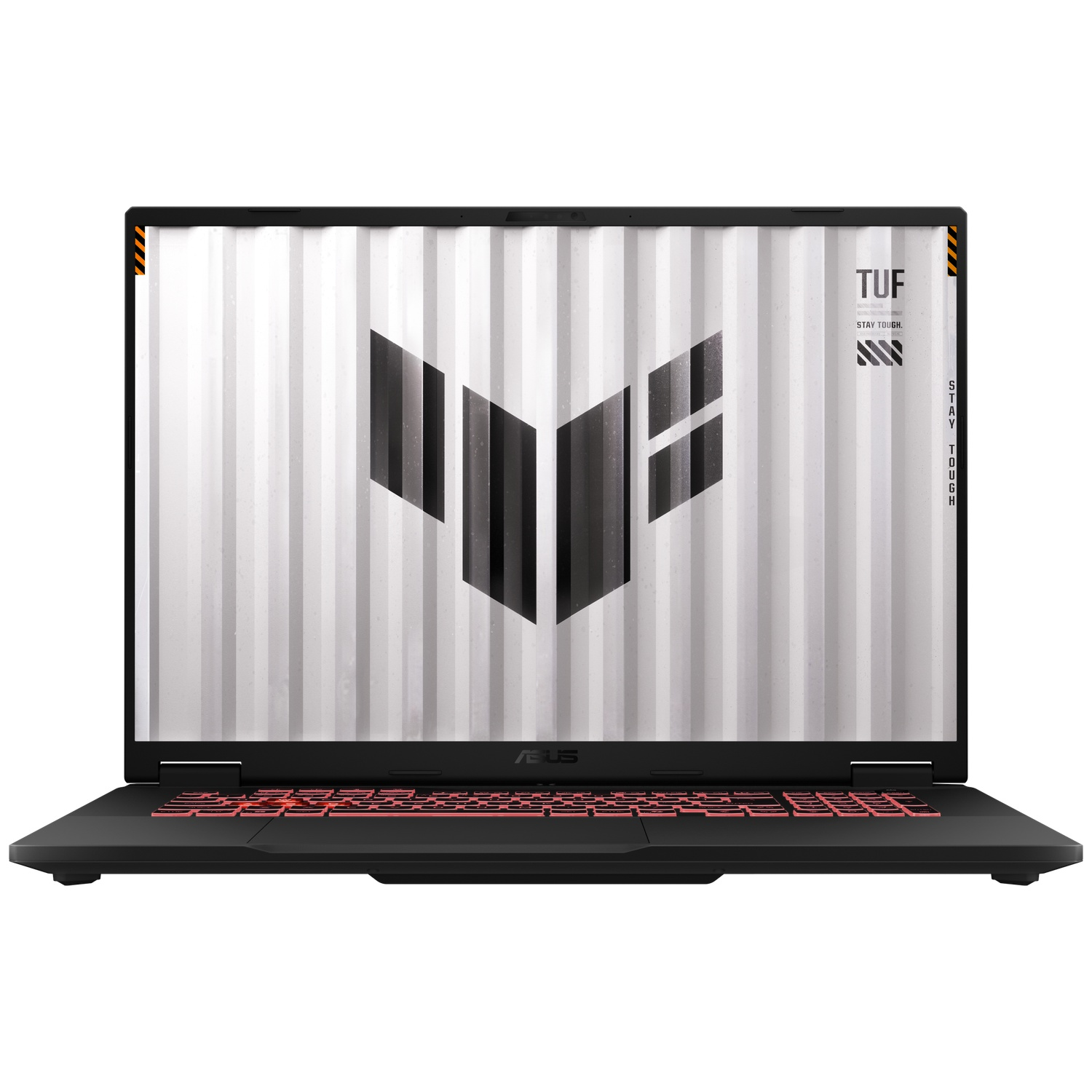 Zwarte ASUS TUF laptop. Scherm toont witte achtergrond met zwart TUF-logo. Rood verlicht toetsenbord. Tekst 'STAY TOUGH' op scherm.