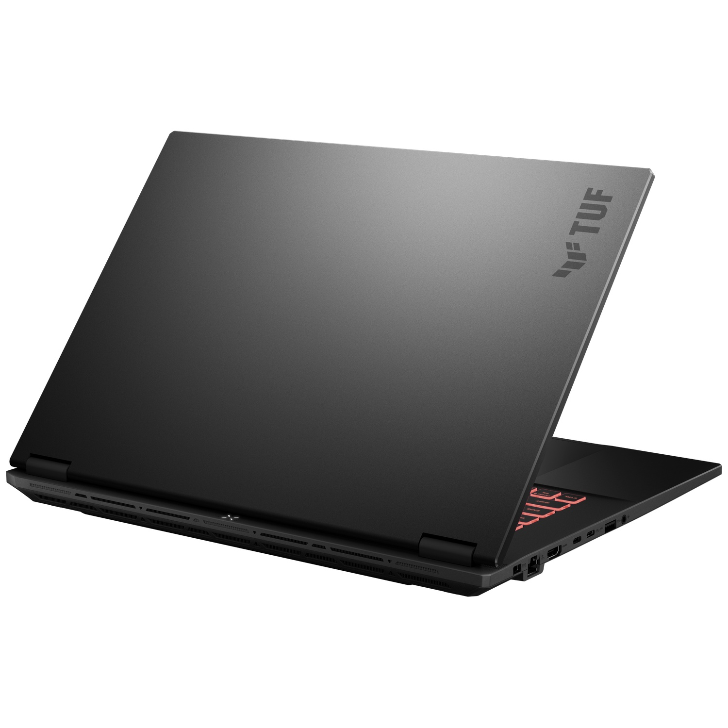 Zwarte laptop, iets open, met toetsenbord en poorten. Het ASUS TUF-logo is zichtbaar op het deksel. Het toetsenbord heeft rode achtergrondverlichting.