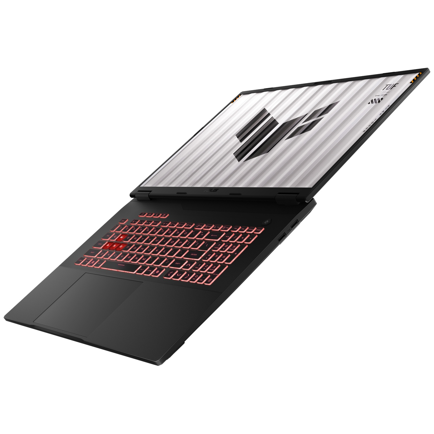 Zwarte laptop met rood verlicht toetsenbord. Scherm toont logo. Laptop is open en schuin op witte achtergrond.