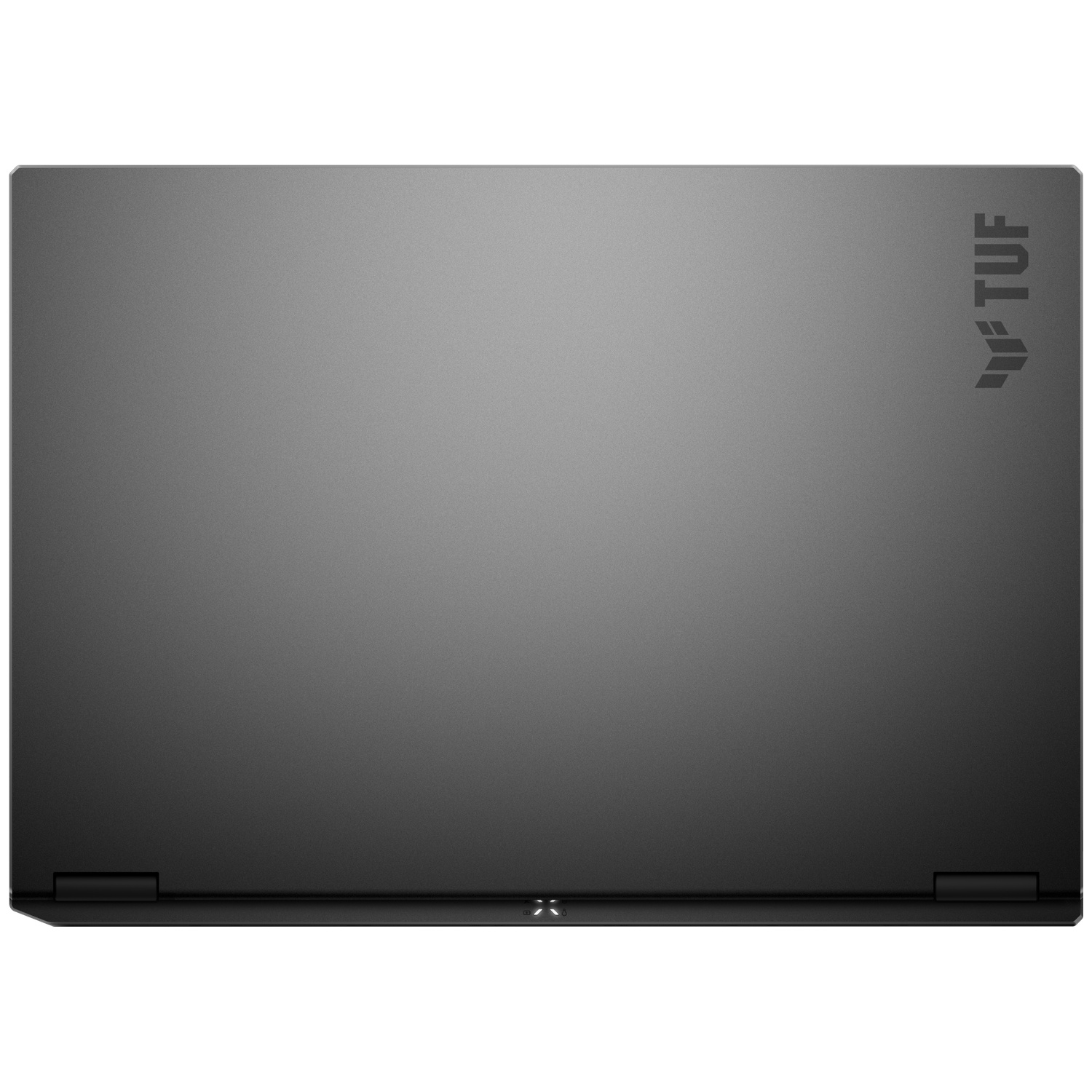 Bovenaanzicht van een gesloten grijze laptop. Het TUF-logo staat rechtsboven. De onderkant heeft een klein ontwerp.
