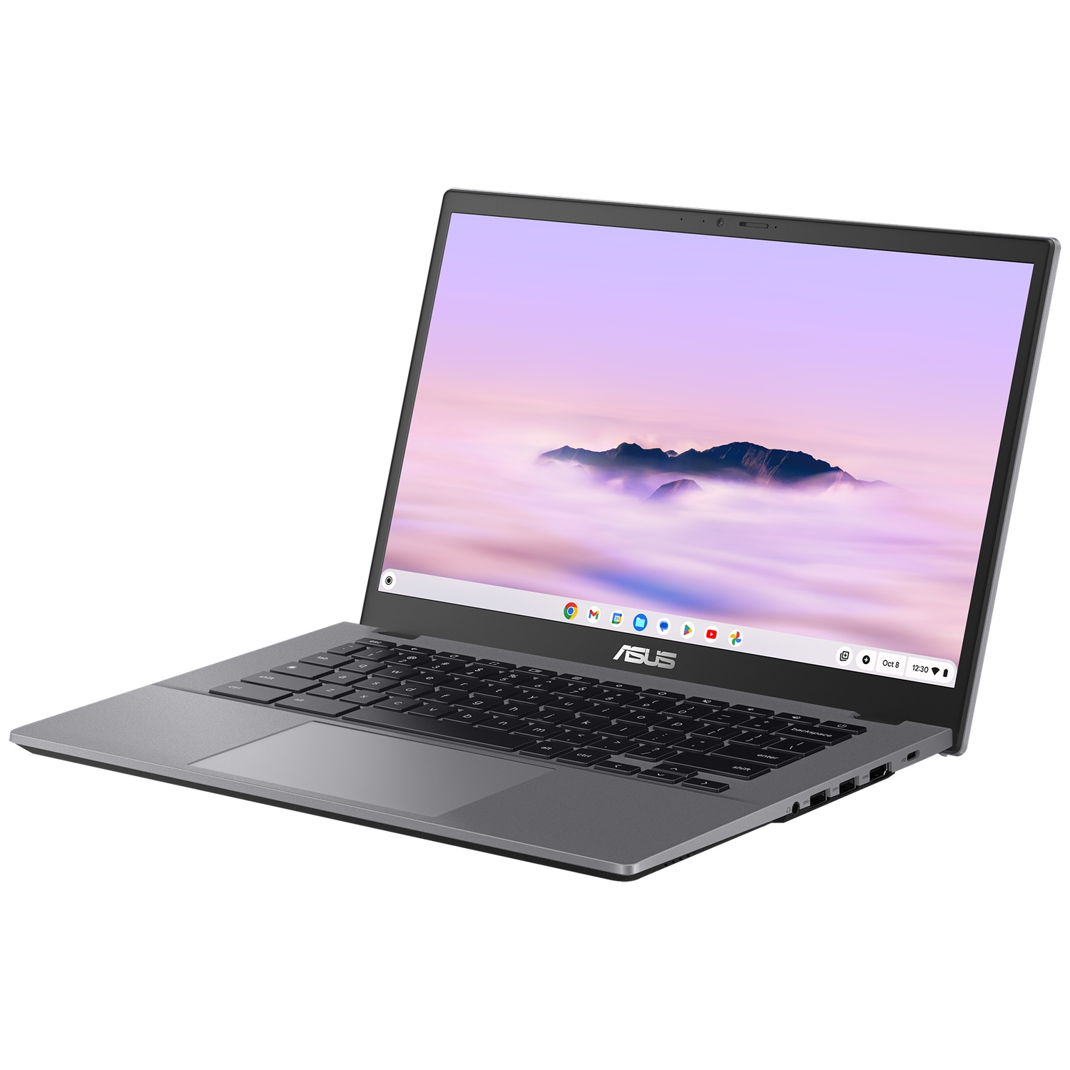 A gray Asus laptop is open. The screen shows a cloudy sky. The keyboard is black, with a touchpad. The background is white.