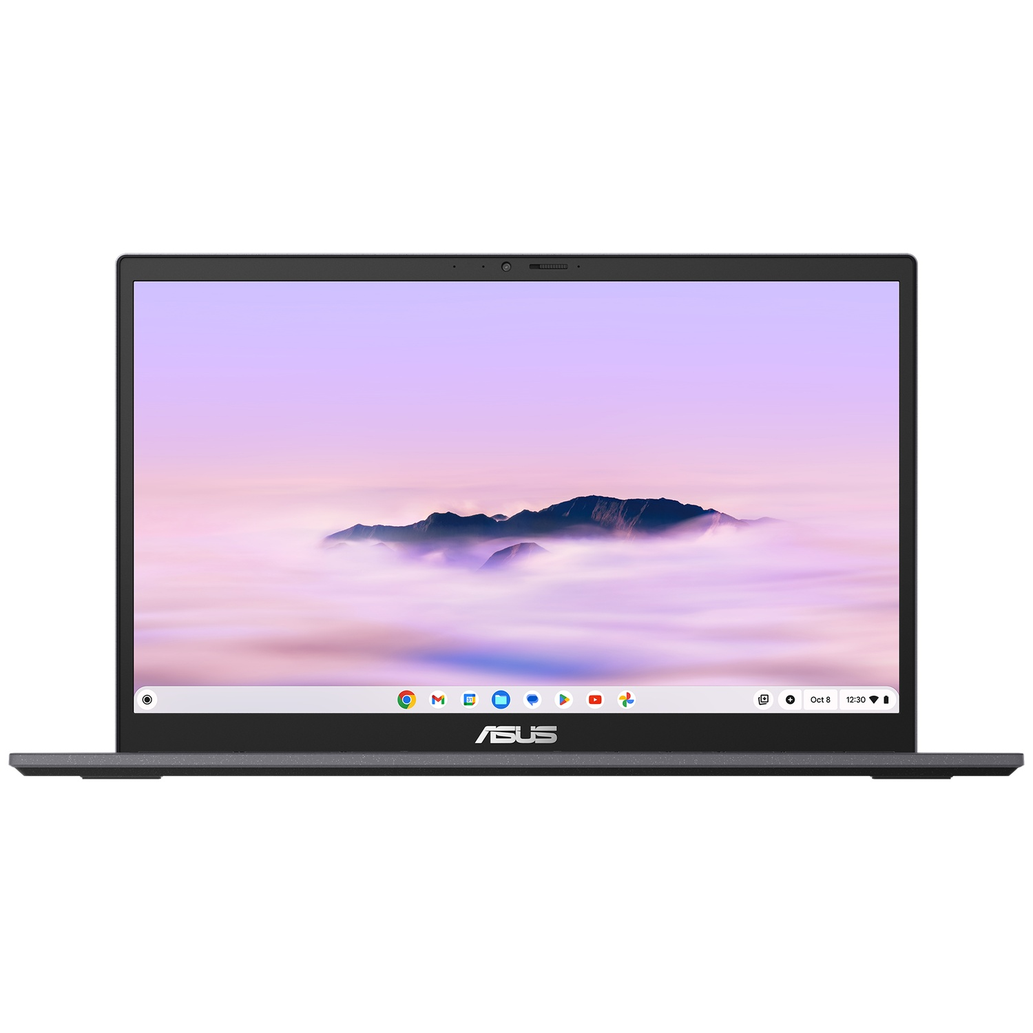 ASUS laptop on white background. Screen shows a purple sky with clouds and mountains. Bottom has apps and date.
