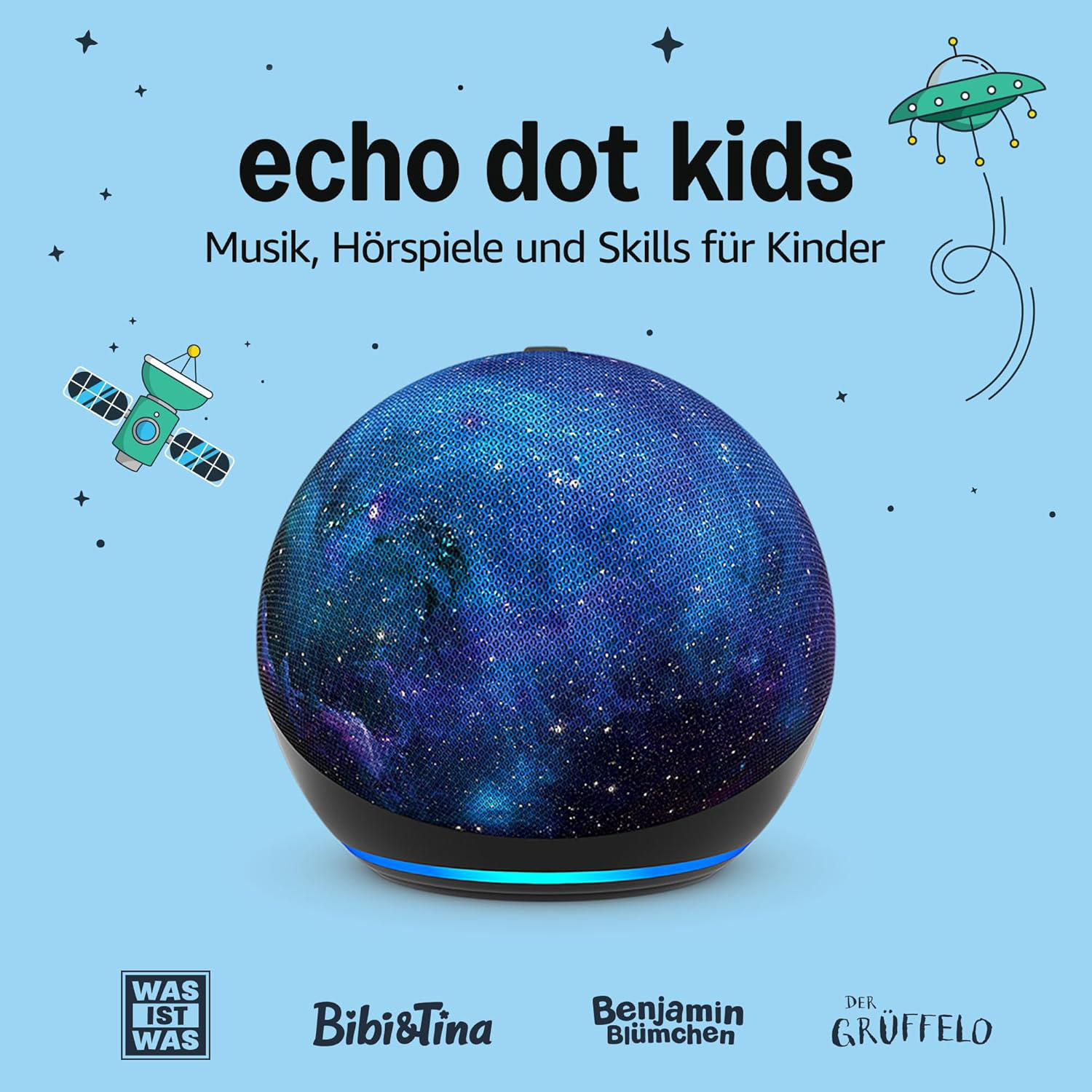 Ein Echo Dot Kids-Gerät mit Sternenhimmel-Design. Der Text lautet 'echo dot kids'. Bilder eines Satelliten und eines UFOs.