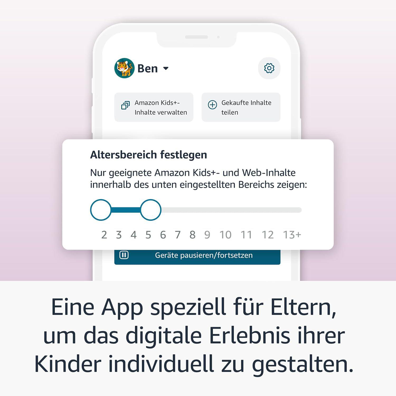 Ein Telefonbildschirm zeigt eine App-Oberfläche mit Alterseinstellungen für Kinderinhalte. Ein Tiger-Avatar ist sichtbar.