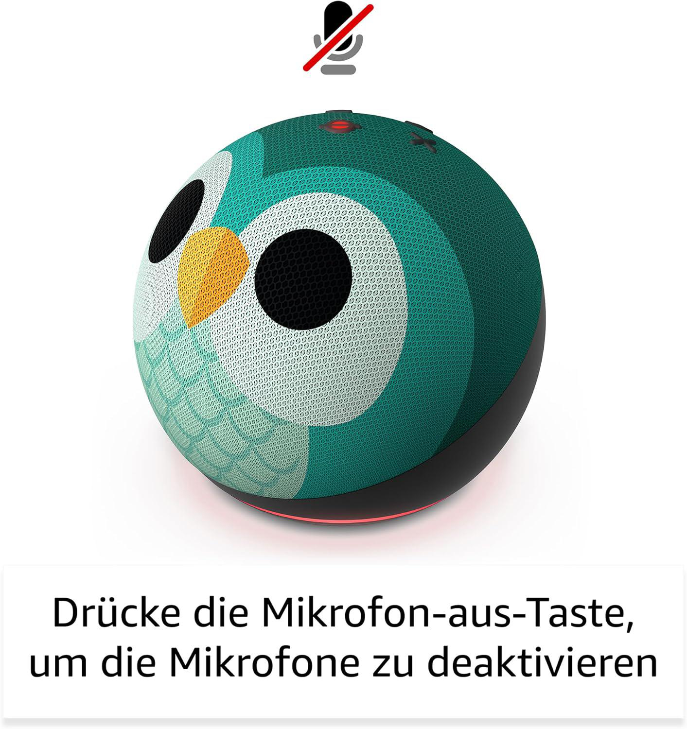 Ein türkisfarbener, eulenartiger intelligenter Lautsprecher mit einem Mikrofon-aus-Symbol. Unten steht, dass man die Stummtaste drücken soll.