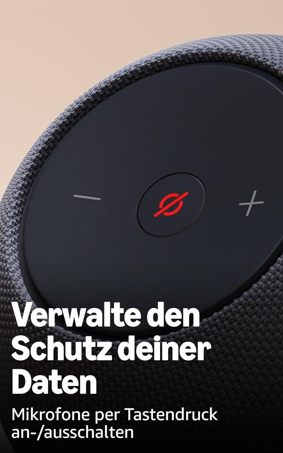 Nahaufnahme eines schwarzen Lautsprechers mit Steuertasten. Die Stummtaste hat einen roten, durchgestrichenen Kreis.