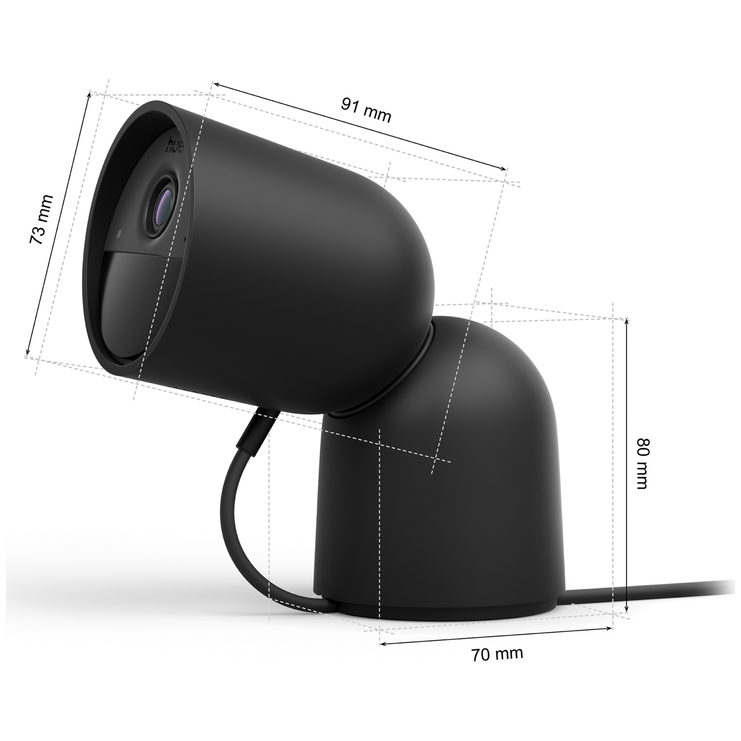 Black security camera with dimensions labeled. It has a rounded design. A wire connects the camera to a base.
