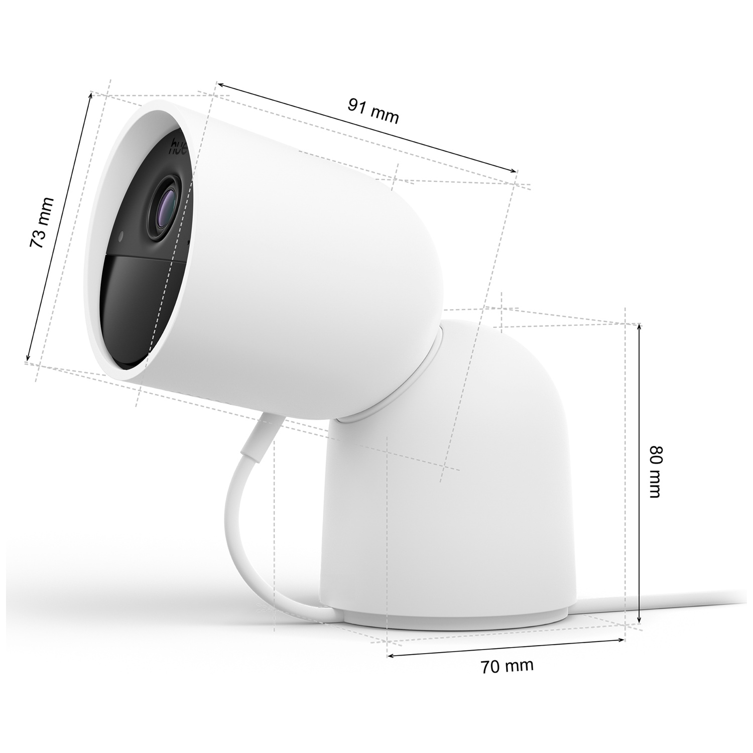 A white security camera with dimensions labeled. It has a rounded head, a cylindrical base, and a connecting cable.